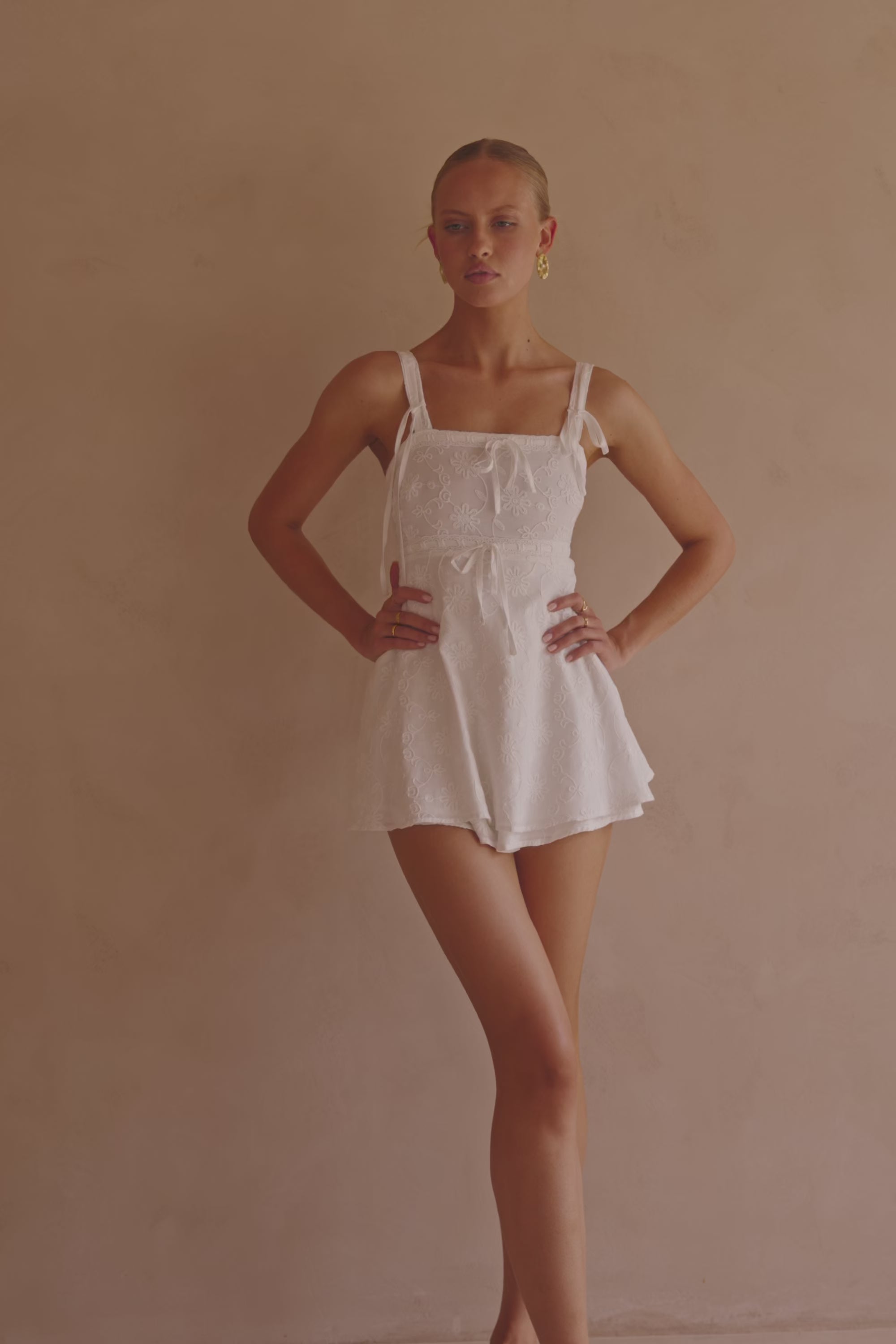 White Embroidered Wide Strap Aleta Playsuit