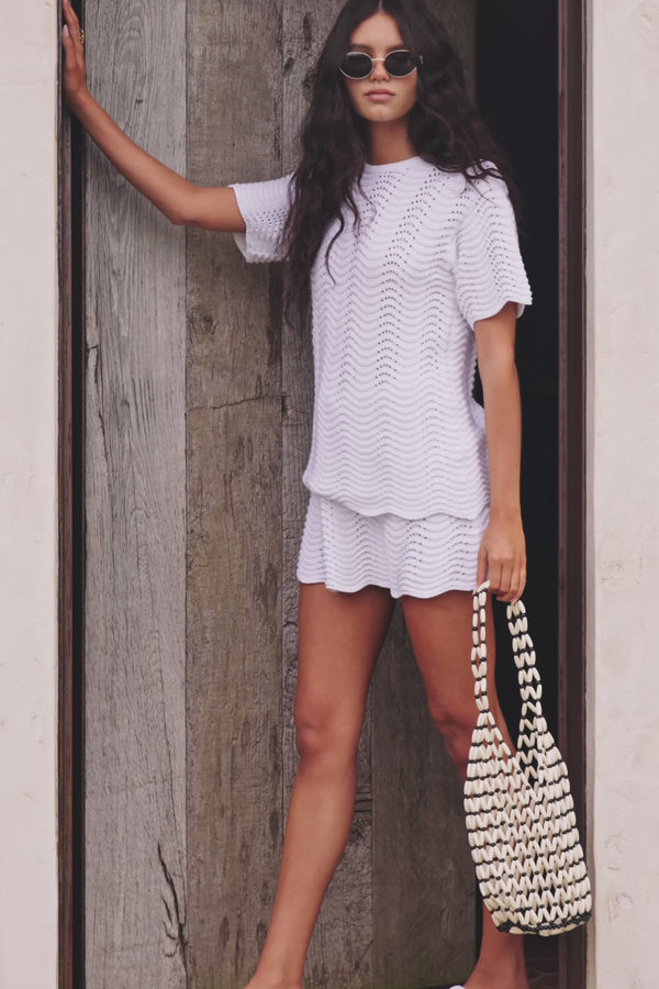 White Wave Knit Short Sleeve Leah T Shirt Top
