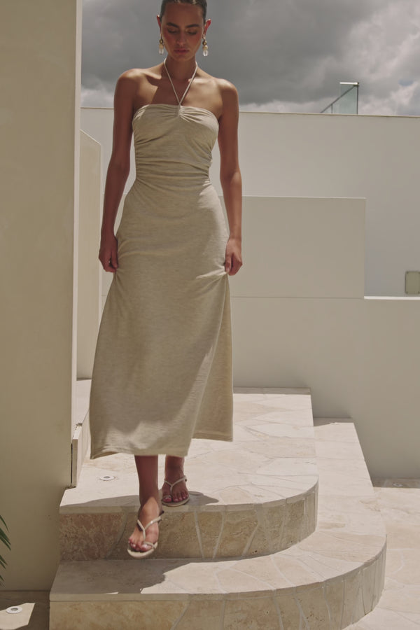 Beige Backless Halter Neck Naisha Dress