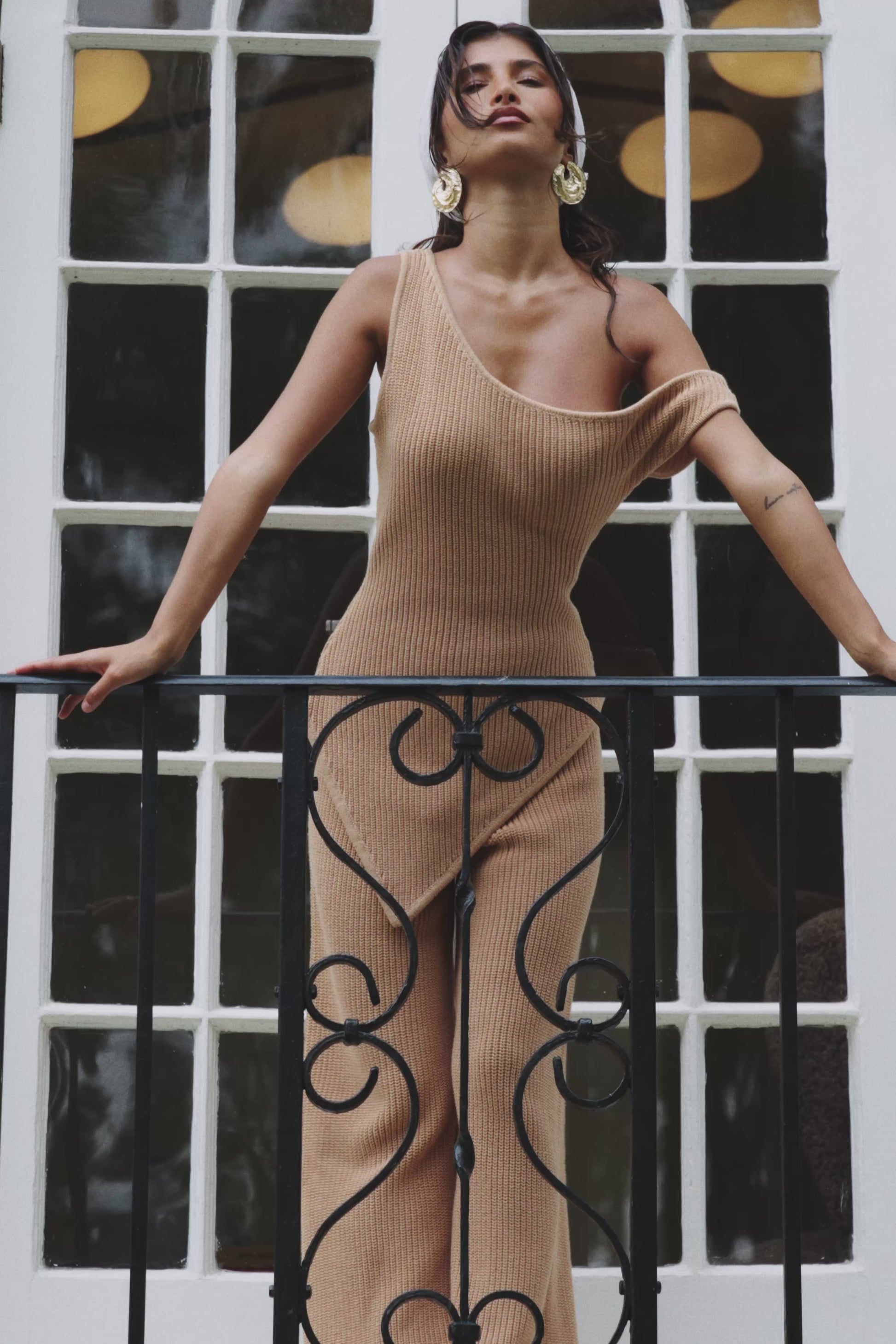 Tan Knit High Waist Elastic Sienna Pants