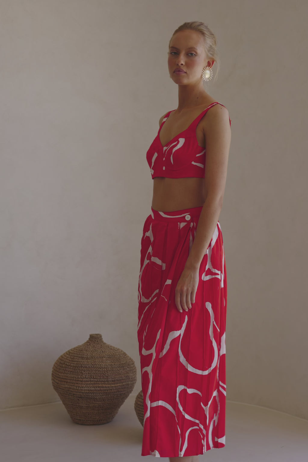 Evoke Red Wrap Pleated Split Midi Dien Wrap Skirt