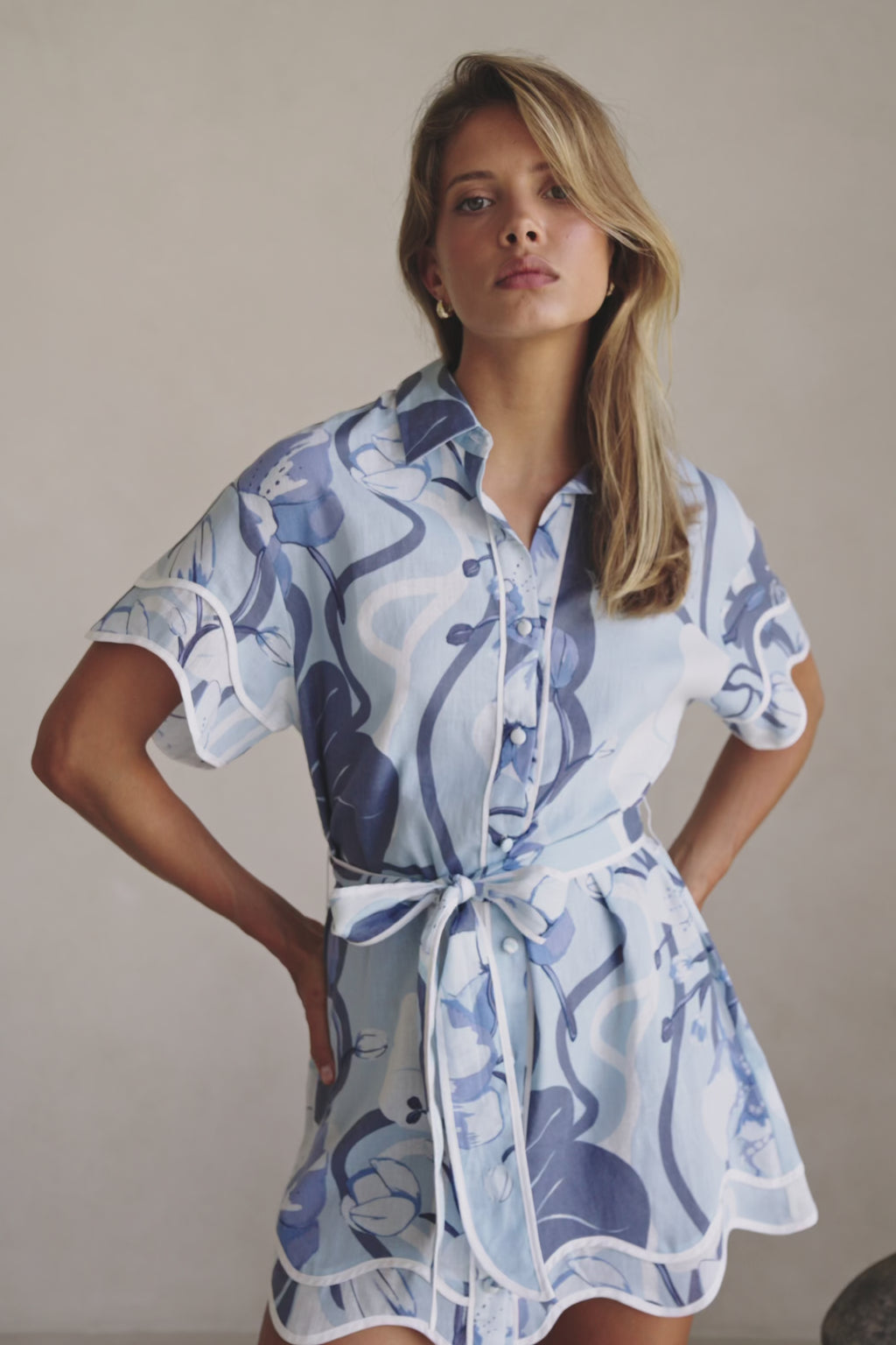 Blue Bouquet Blu Print Button Up Mini Daria Dress