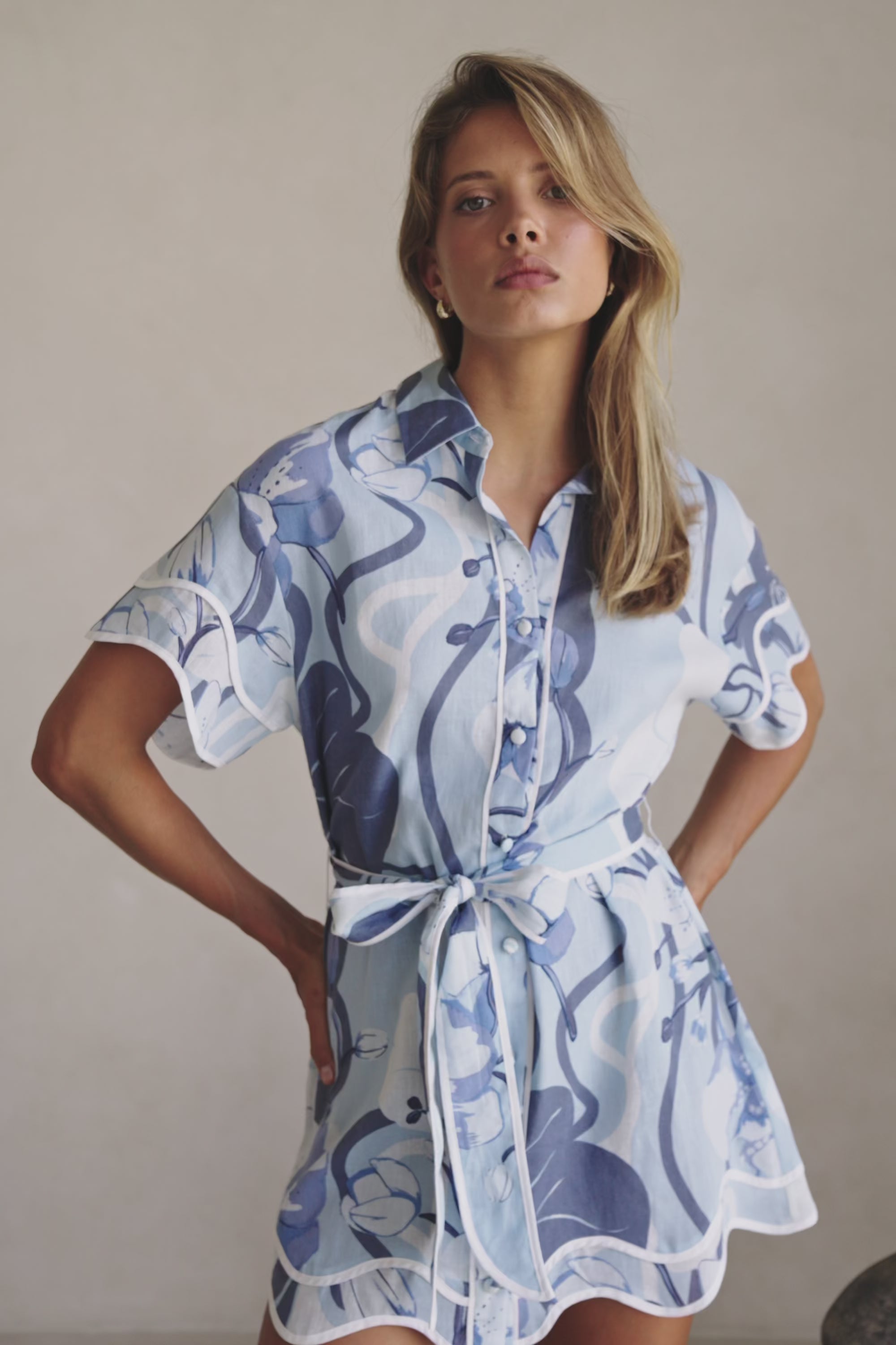 Blue Bouquet Blu Print Button Up Mini Daria Dress