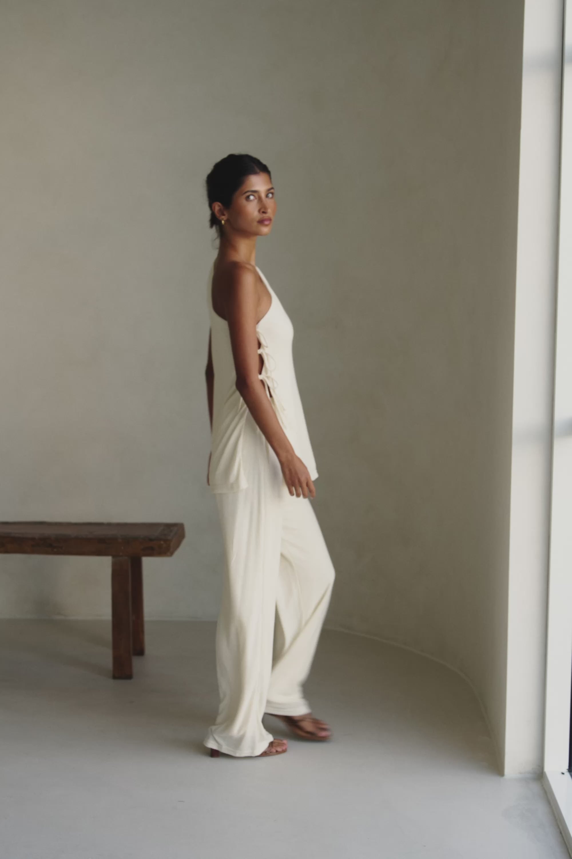 Cream One Shoulder Side Tie Zen Top