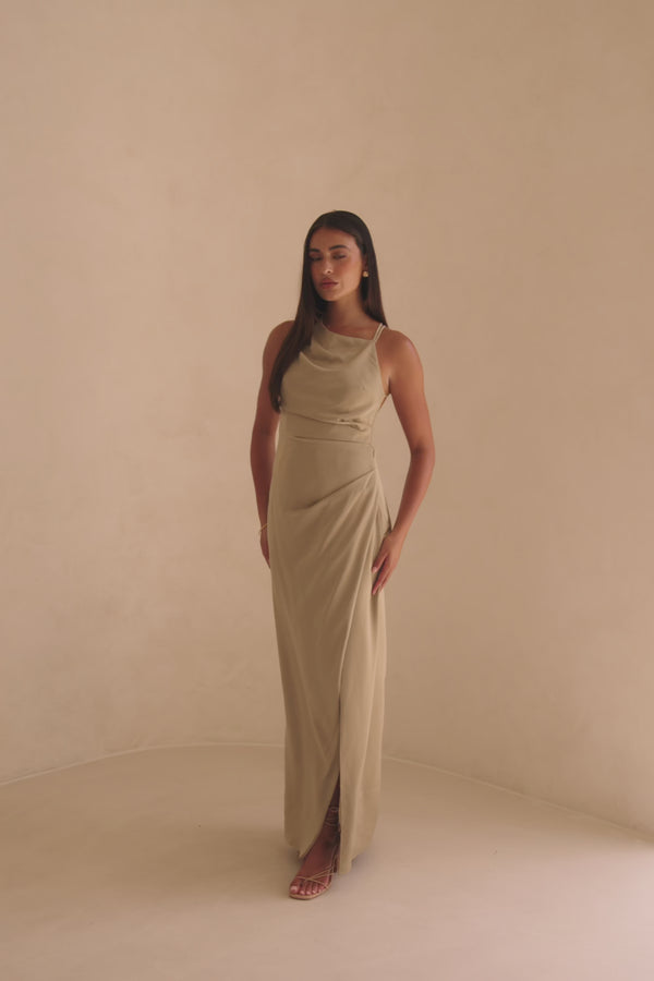 Green One Shoulder Ruched Backless Maxi Rianna Dress