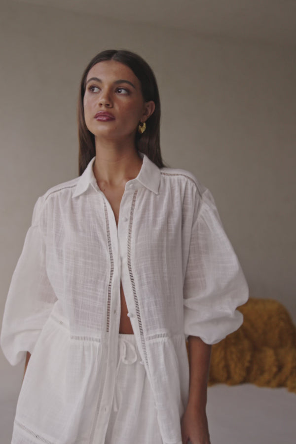 White Cheesecloth Button Up Puff Sleeve Rita Shirt