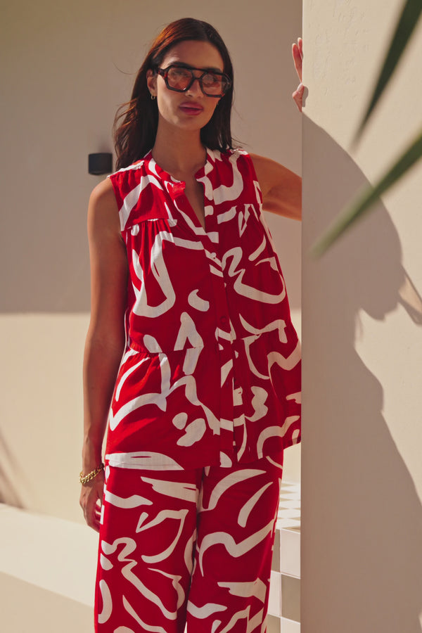 Red Fila Rogue Floral Print Button Up Sleeveless Elena Top