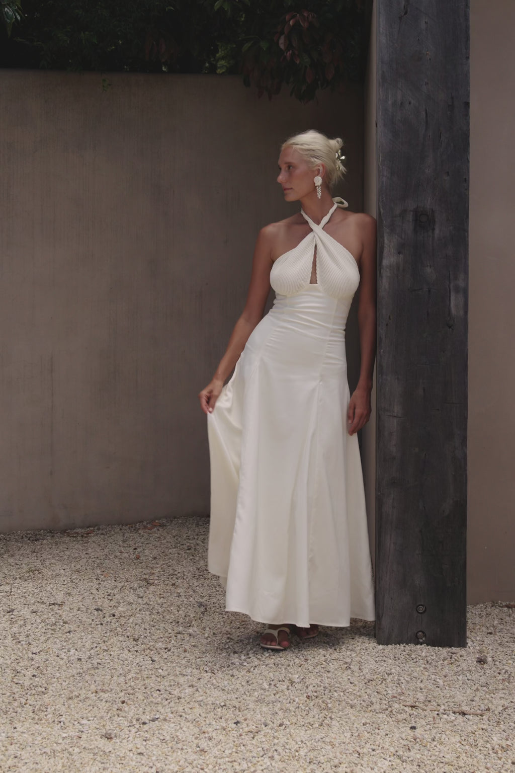 Cream Pleated Halter Maxi Blaire Skirt