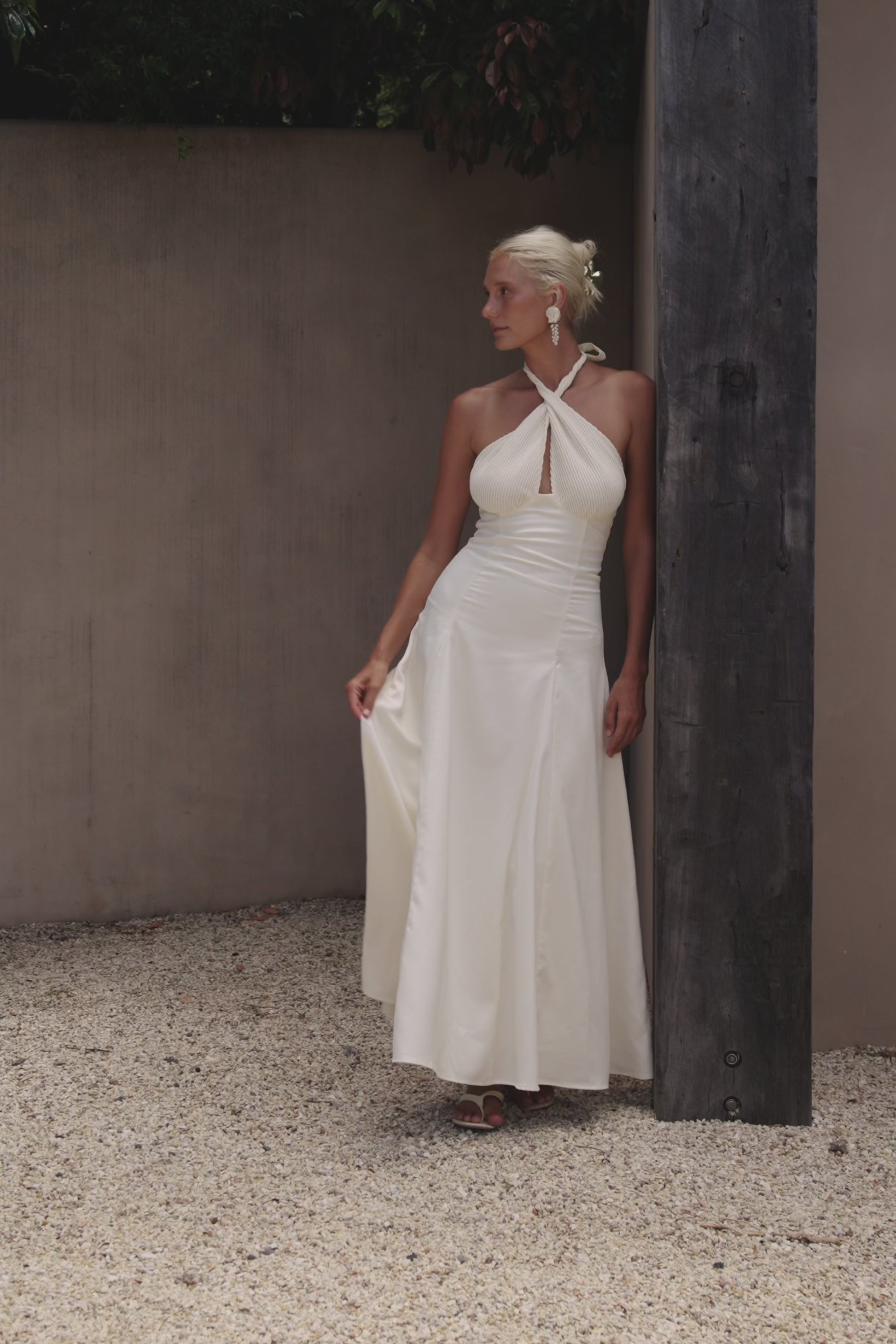 Cream Pleated Halter Maxi Blaire Skirt