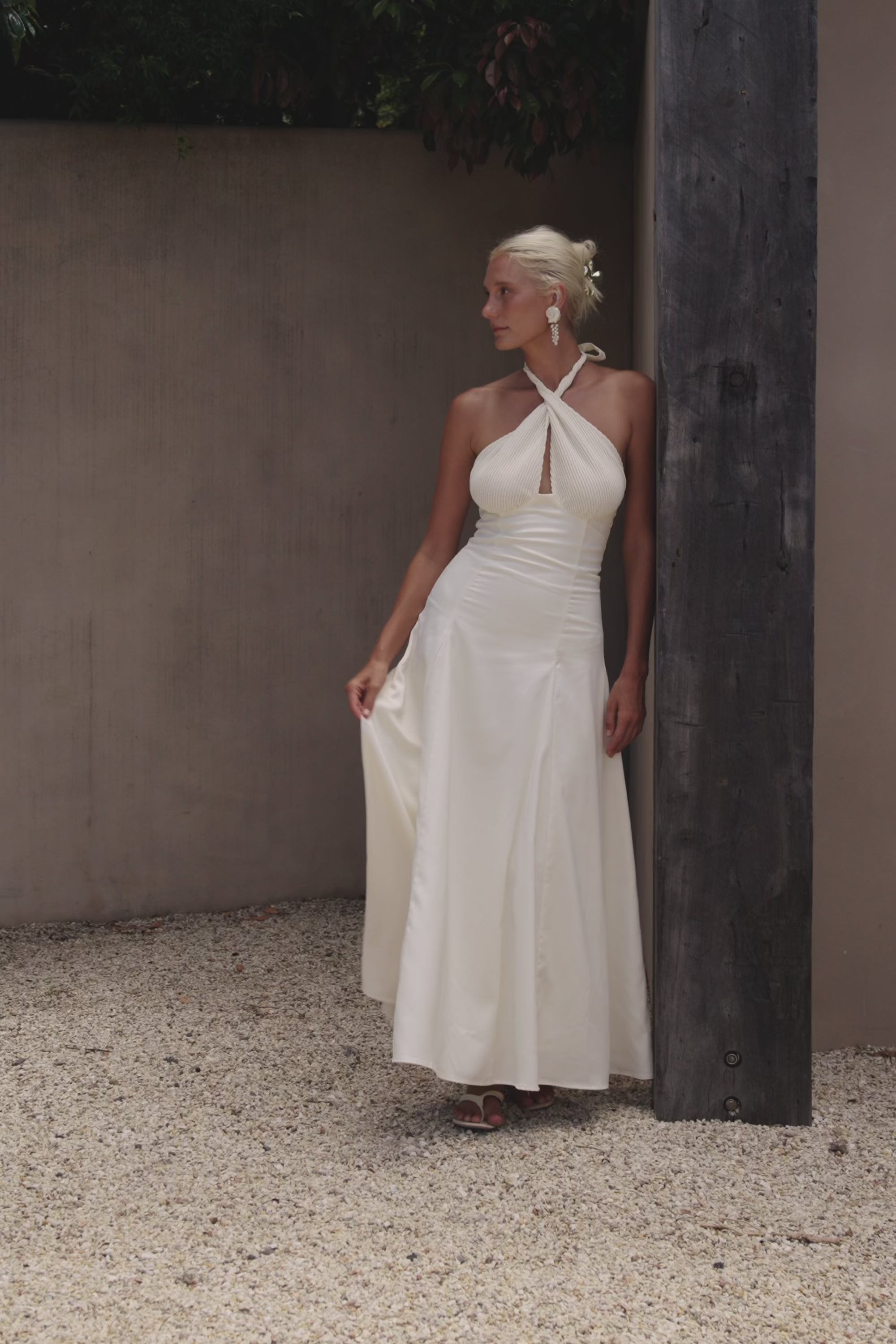 Cream Pleated Halter Maxi Blaire Skirt