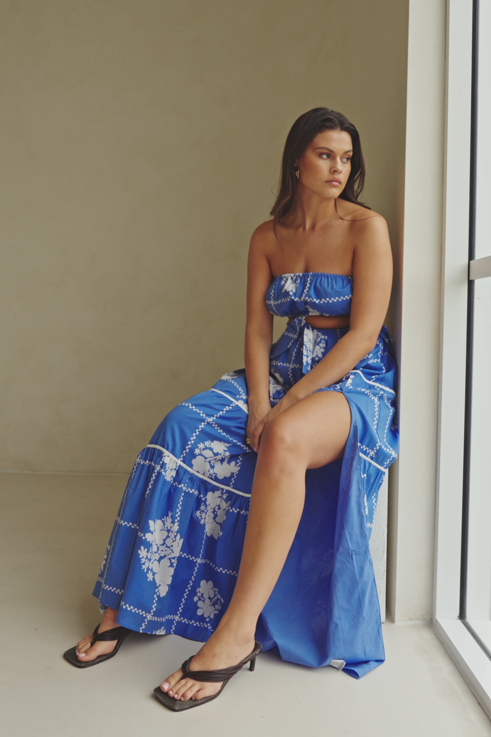 Lili Strapless Cutout Tie Maxi Dress - Postcard, Blue & White Check Flowers