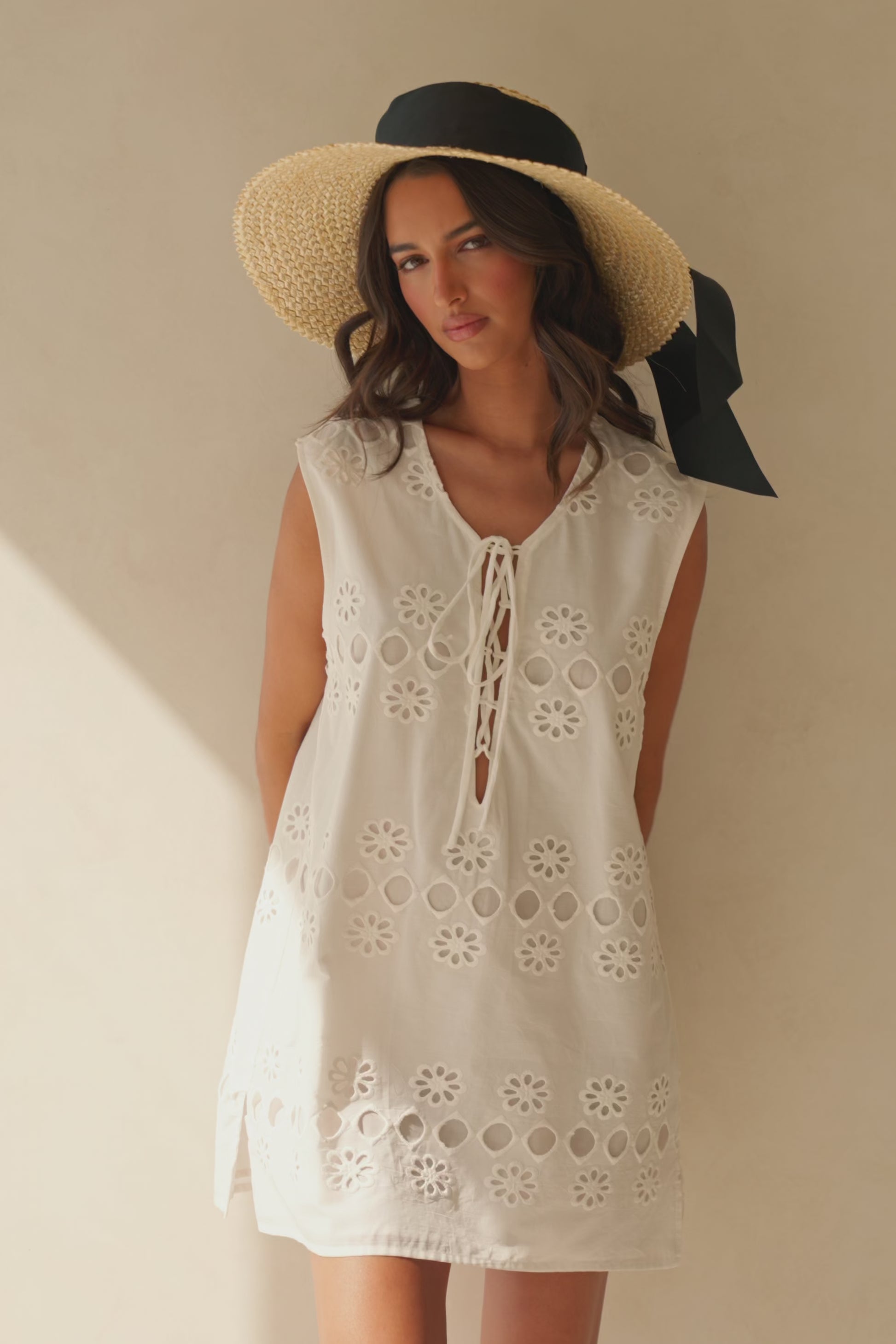 White Embroidered Front Tie Mini Aisha Dress
