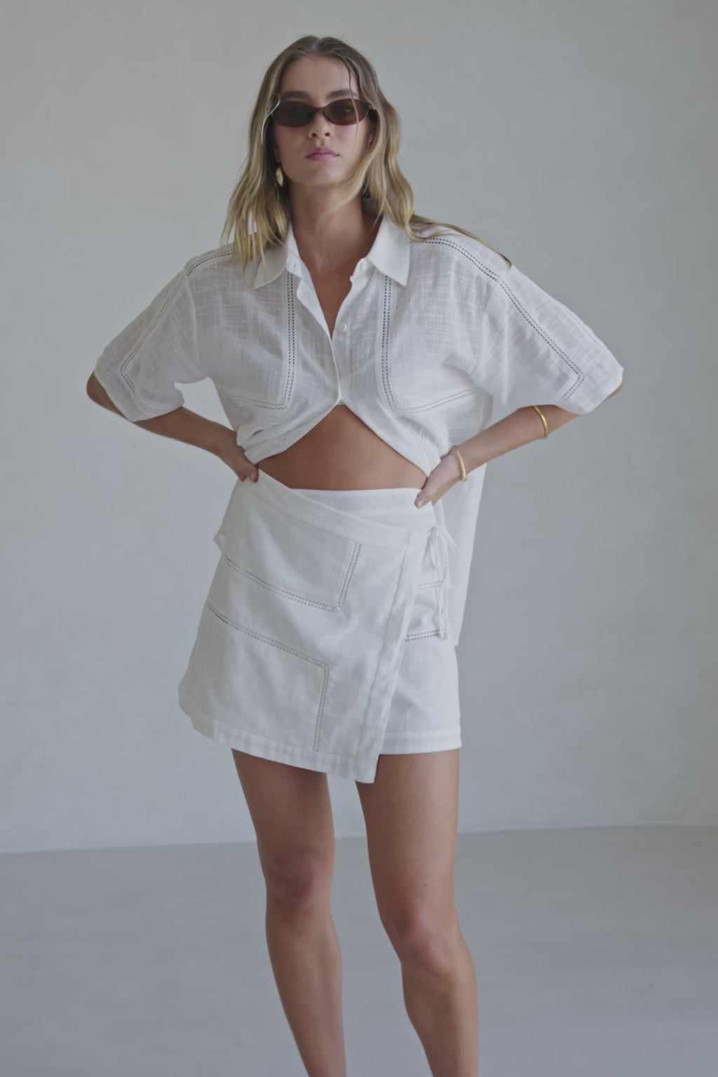 White Cheesecloth Short Sleeve Button Up Banks Top