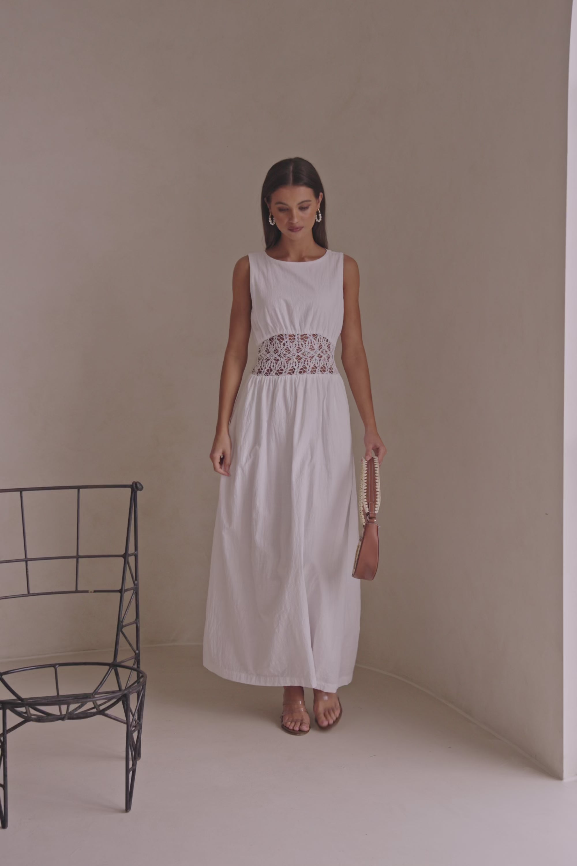 White Cotton Lace Gathered Maxi Cora Dress