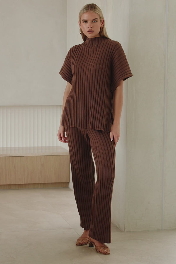 Chocolate Brown Ribbed Knit Short Sleeve Celine Top