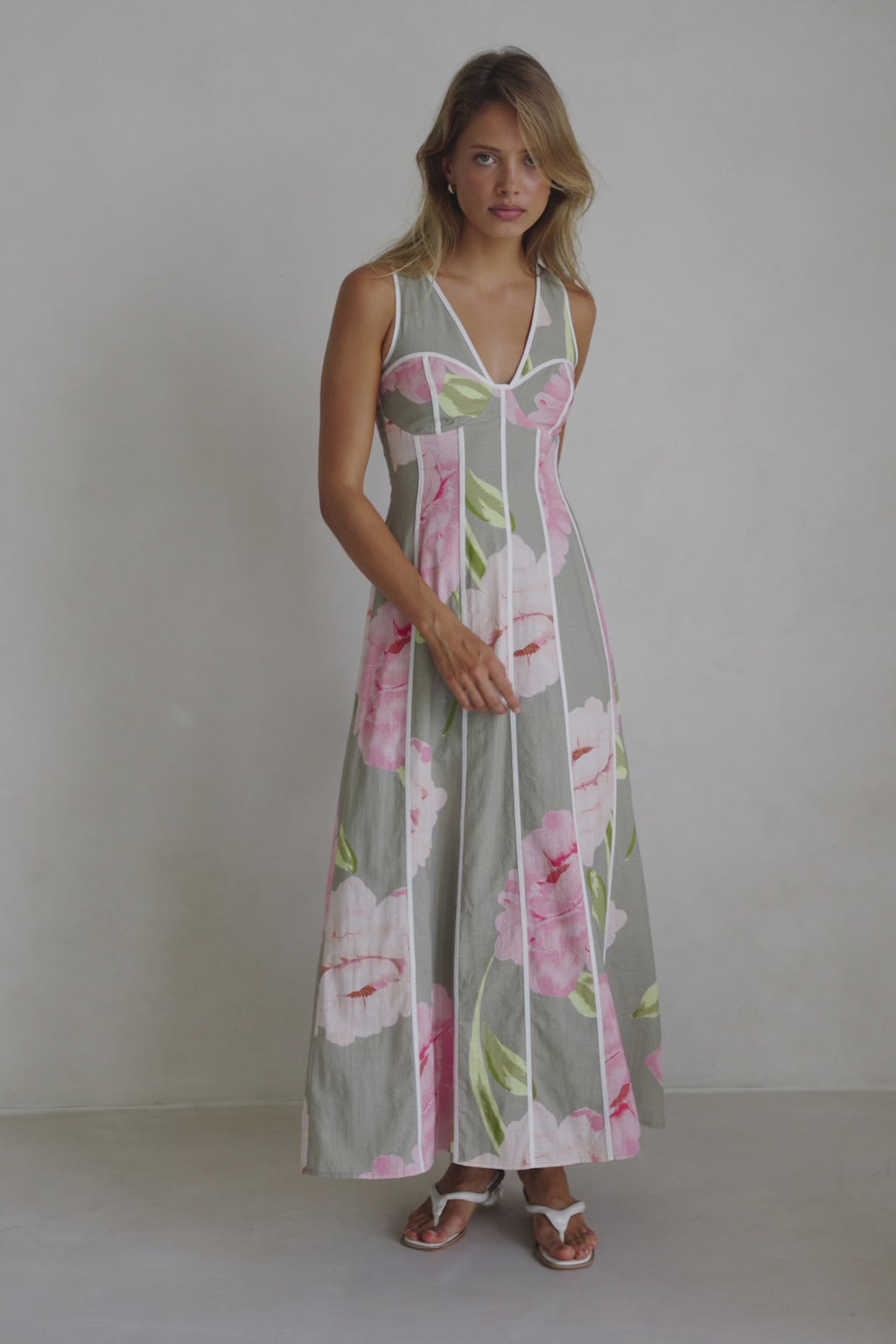Fiori Green Floral Print V Neck Maxi Emory Dress