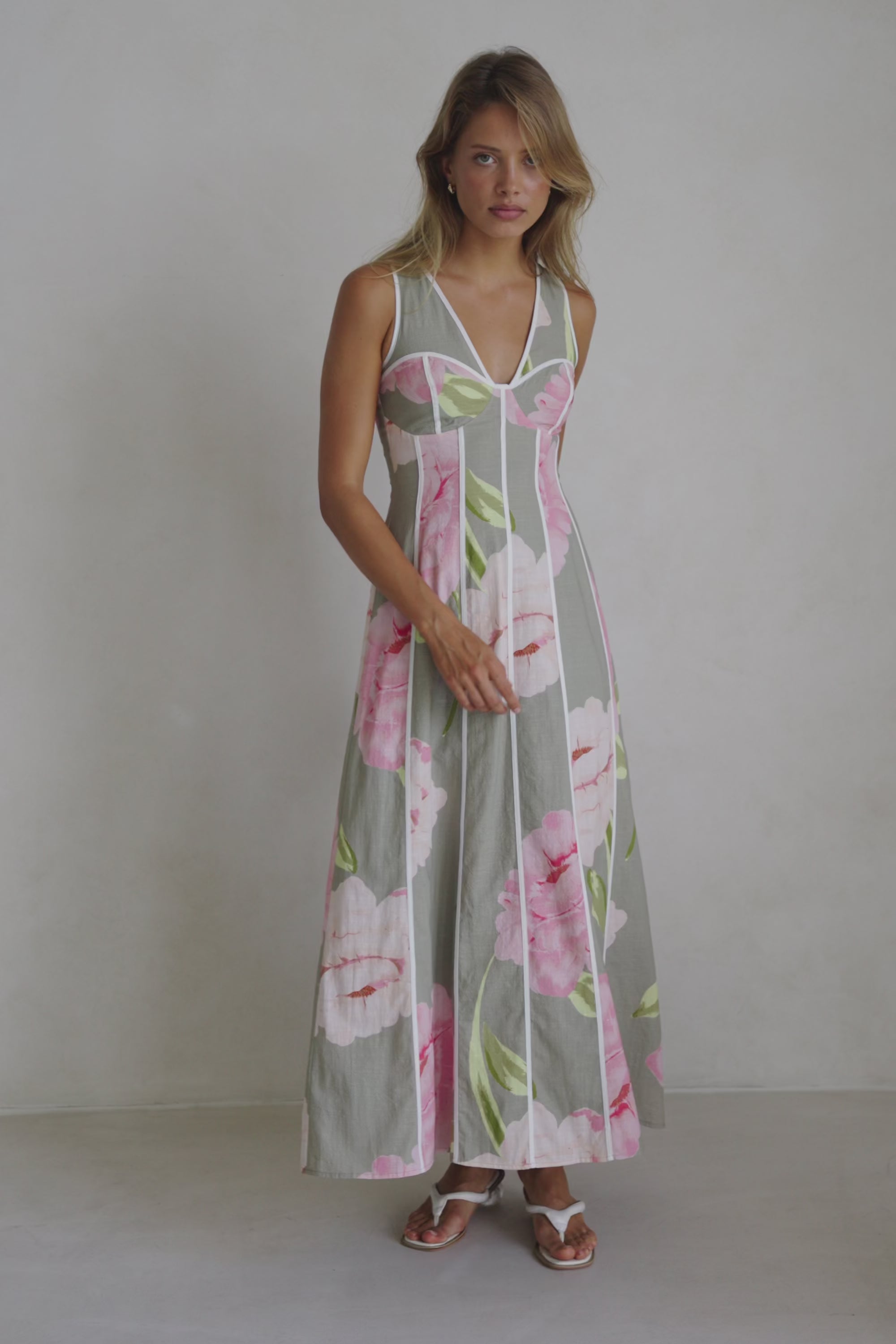 Fiori Green Floral Print V Neck Maxi Emory Dress