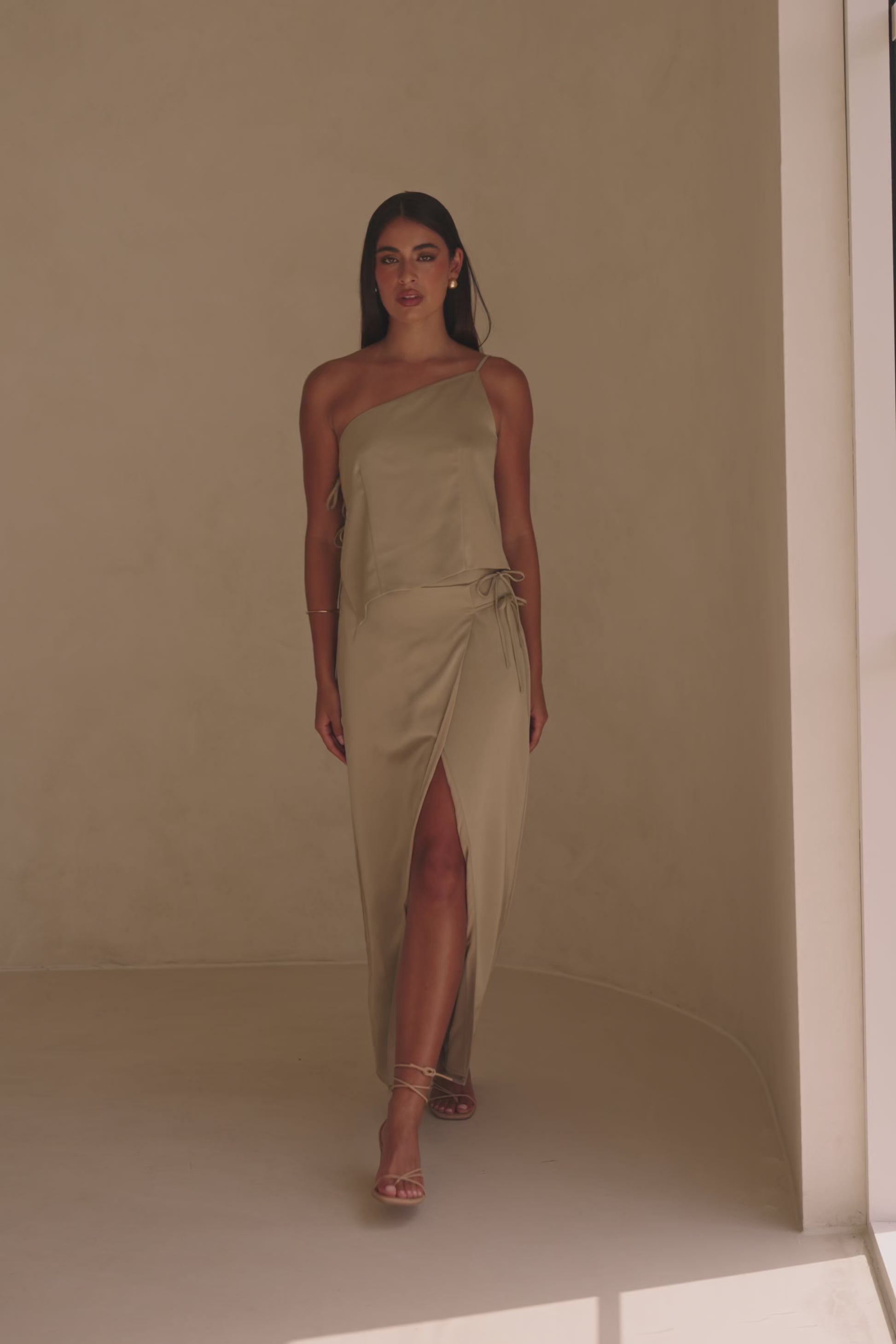 Green One Shoulder Strappy Side Tie Bria Top