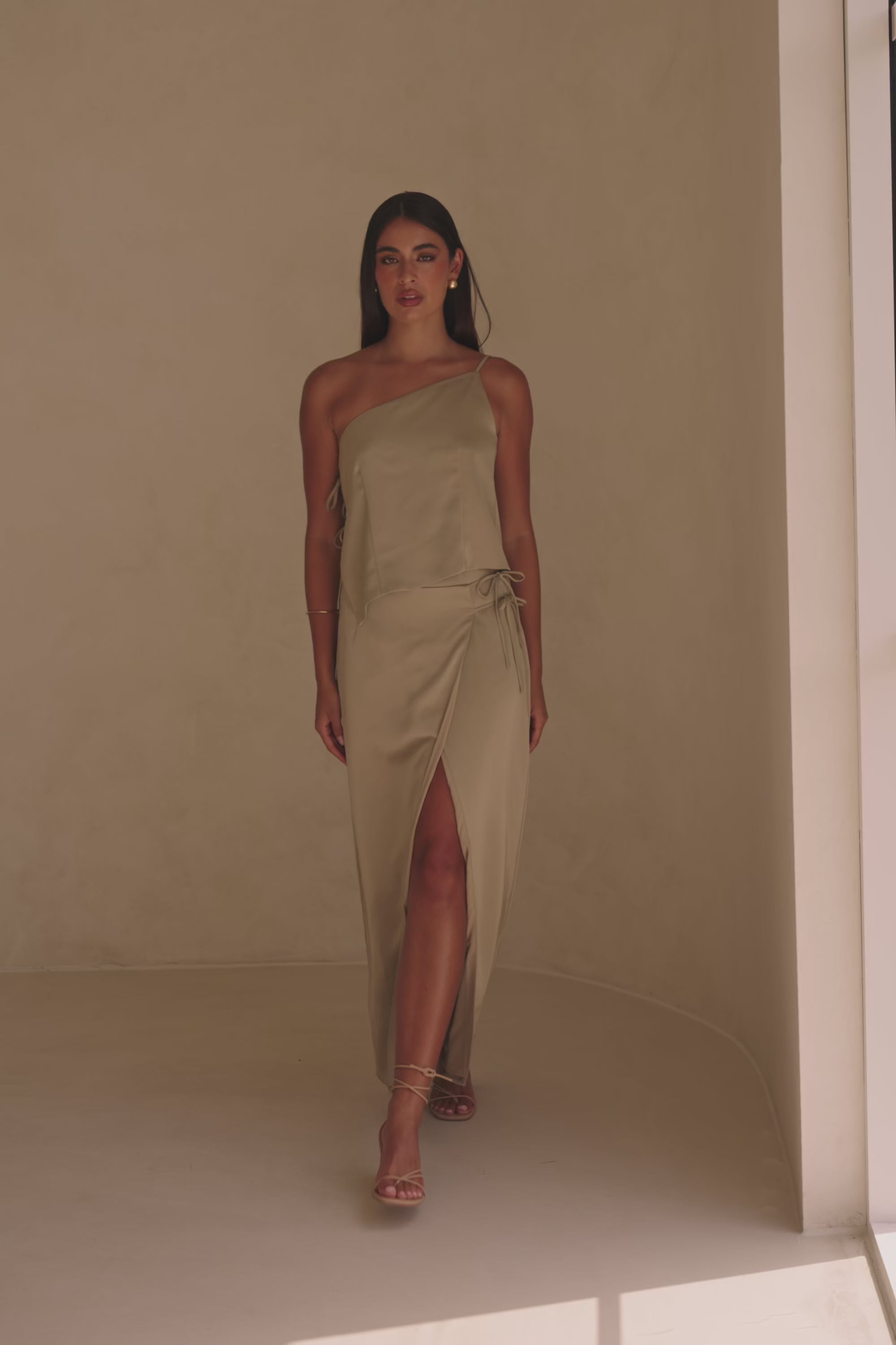 Green One Shoulder Strappy Side Tie Bria Top