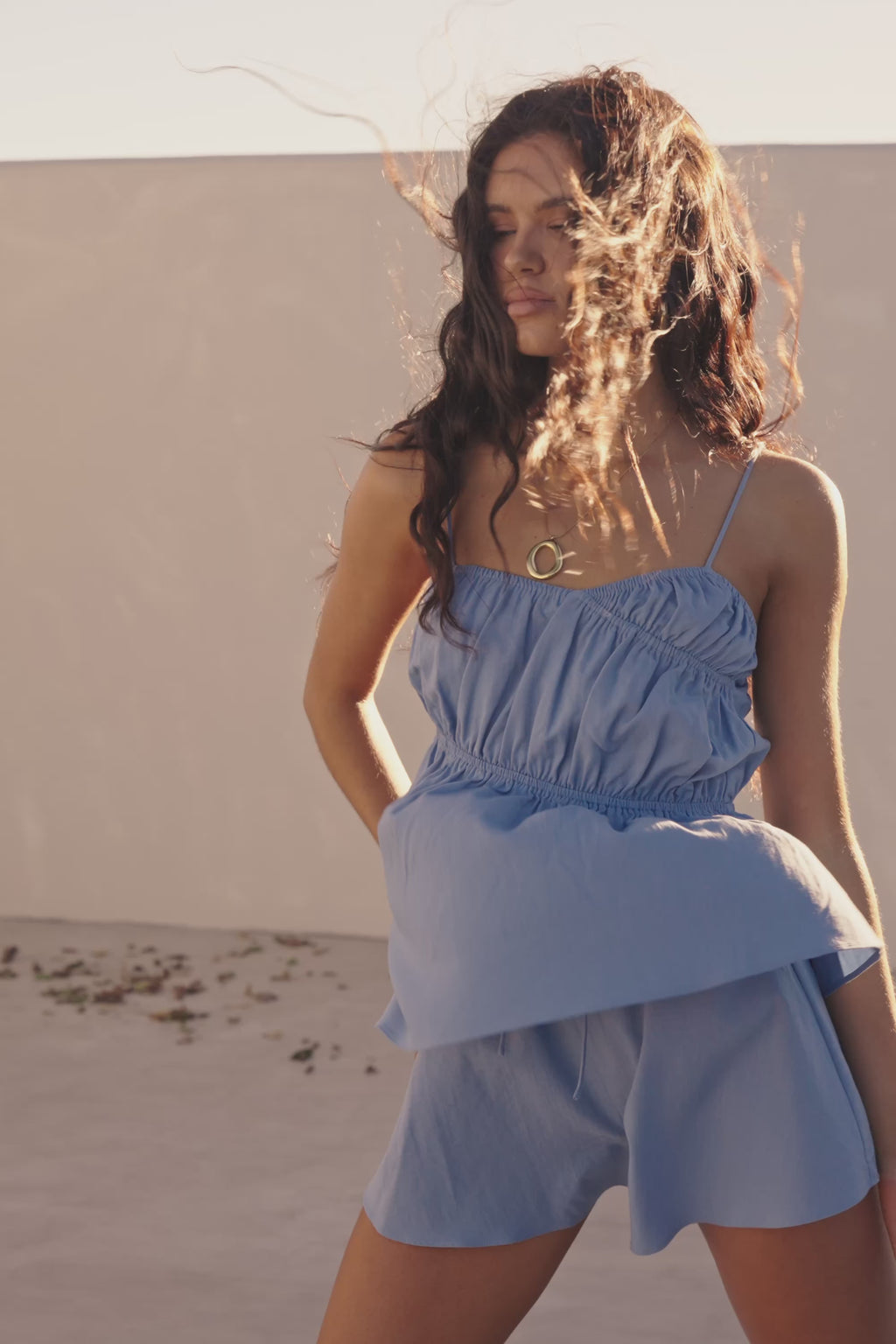 Blue Thin Strap Ruched Detail Octavia Top