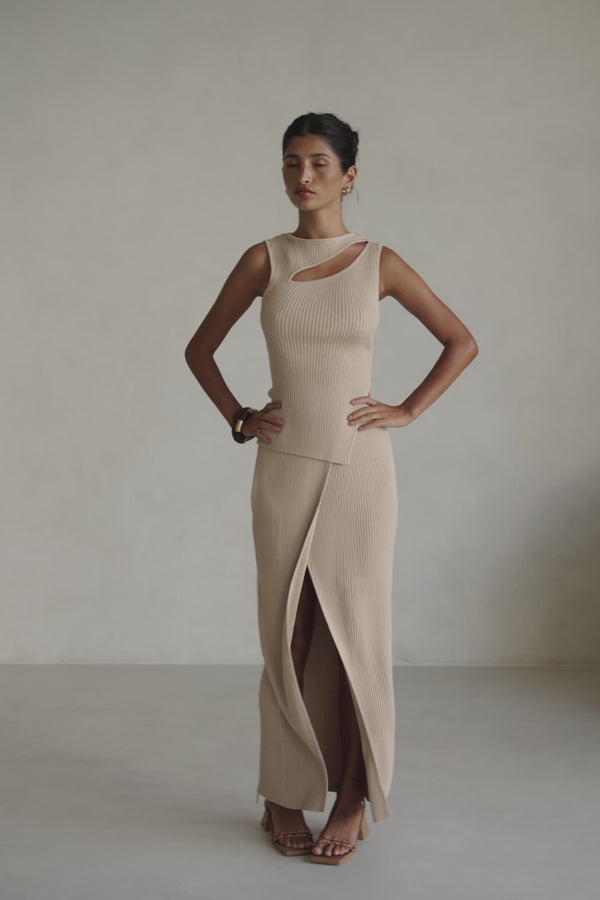 Tan Knit High Waist Split Wrap Maxi Indie Skirt