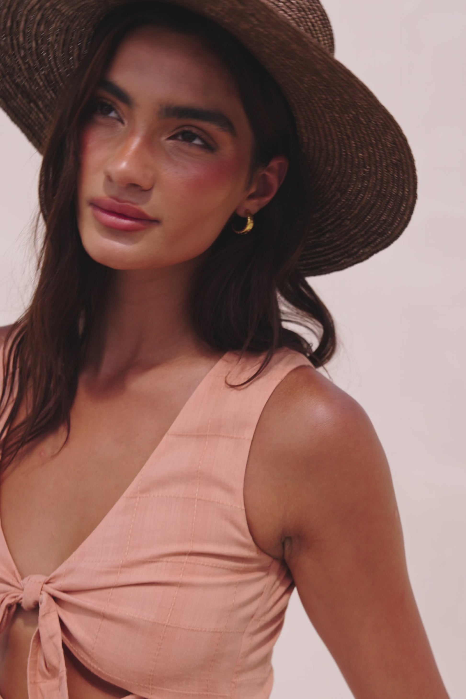 Salmon V Neck Cut Out Front Tie Mini Bailee Dress