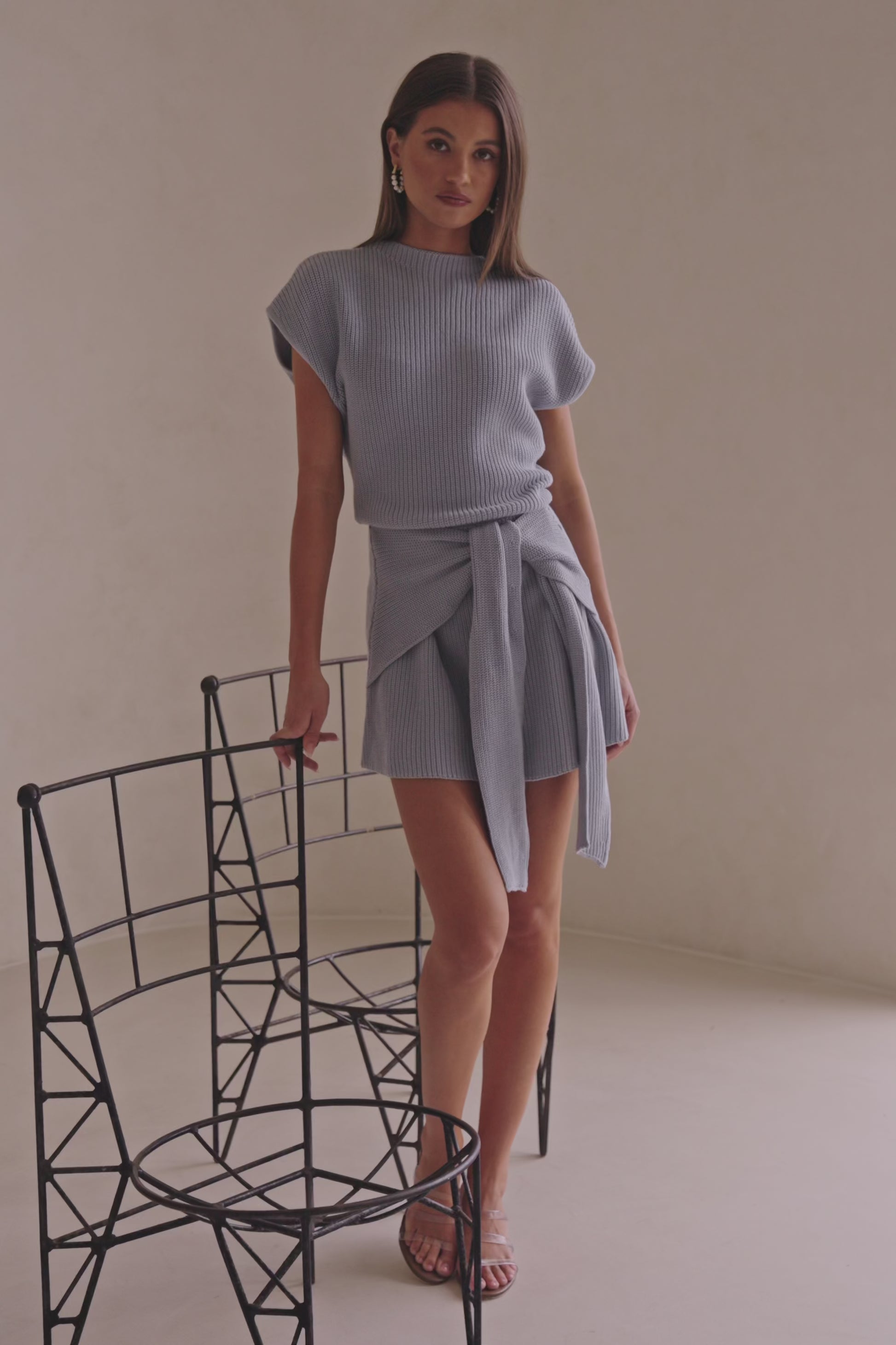 Blue Cotton Knit Draped Mini Lovina Dress