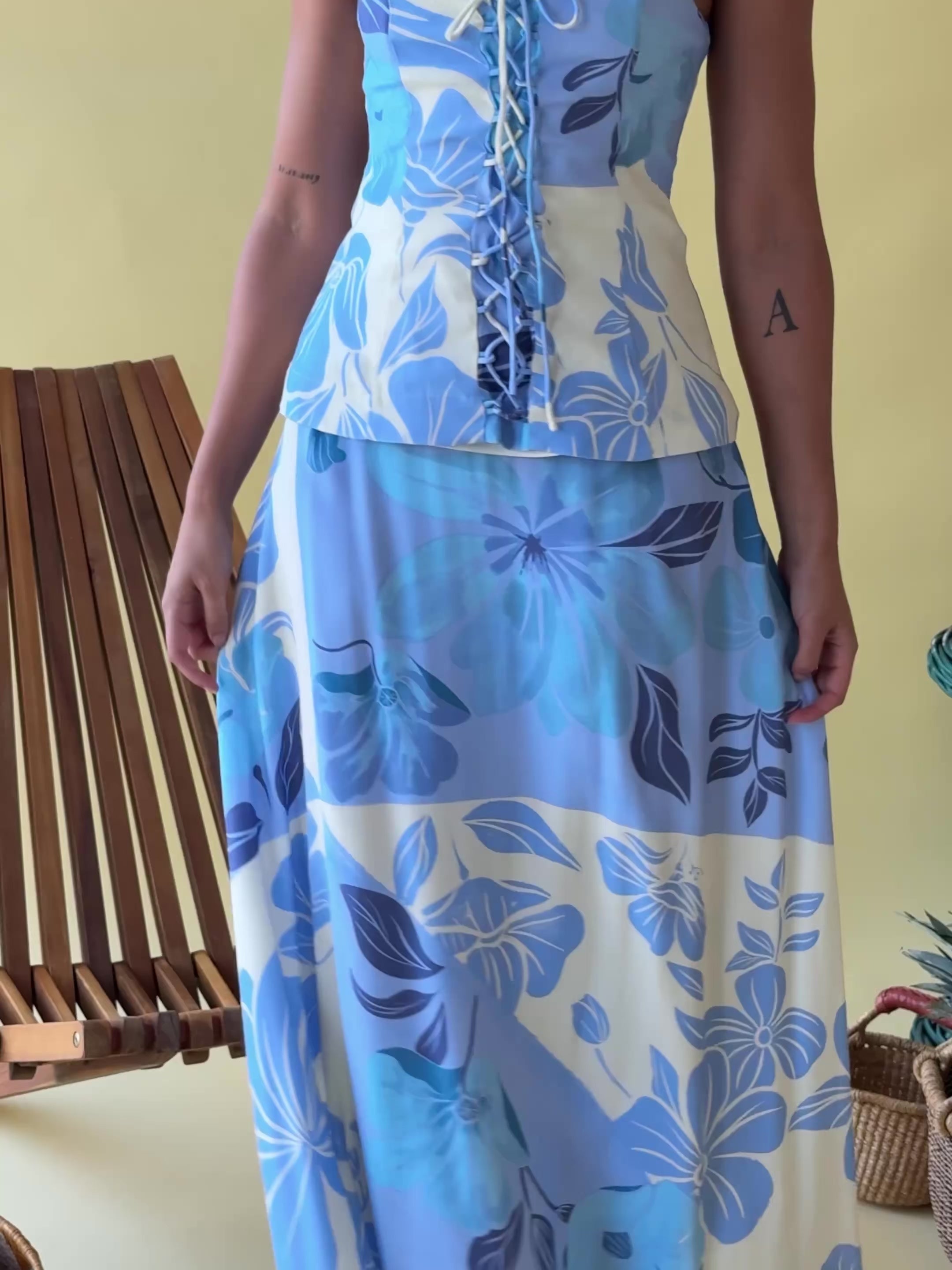 Blue Azure Bloom Print Strapless Lace Up Maxi Mirae Dress – SABO