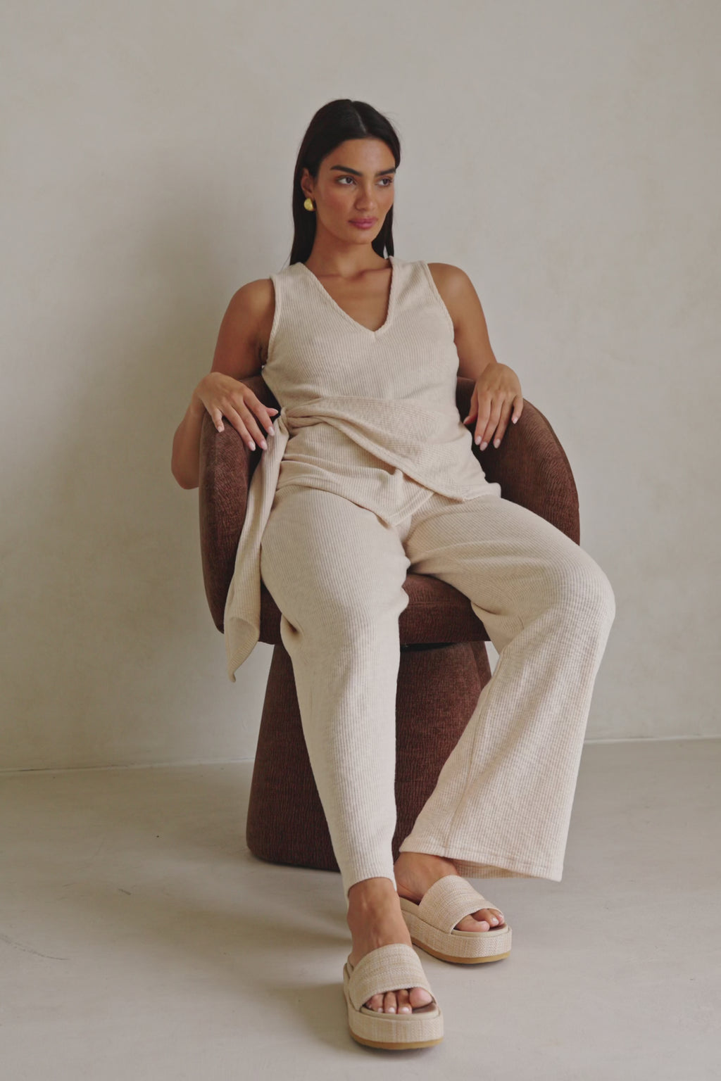 Beige Ribbed High Waist Liora Pants