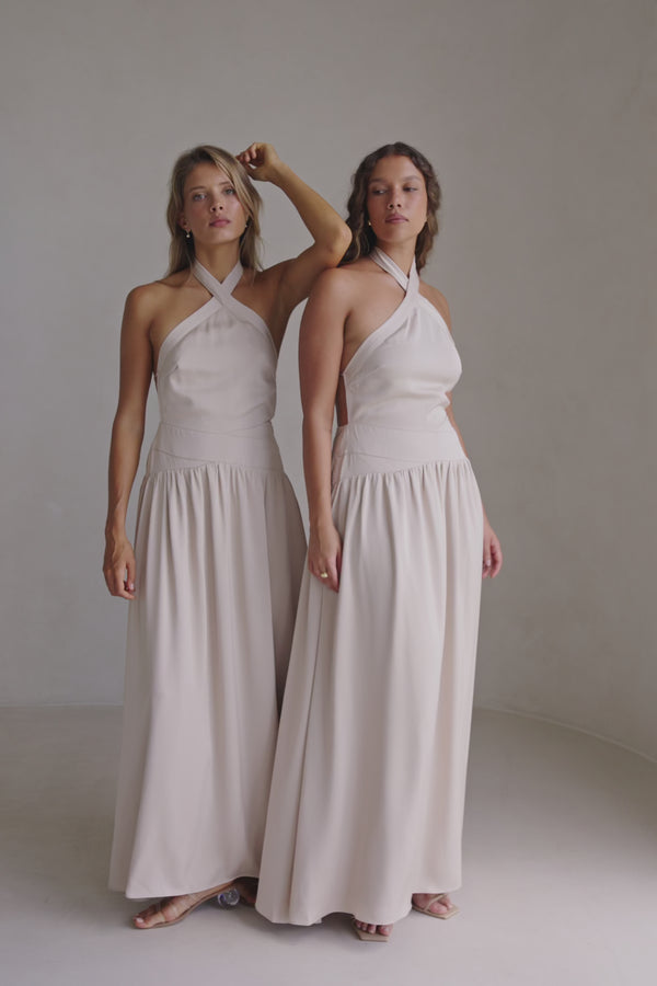 Beige Silky Halter Maxi Rani Dress