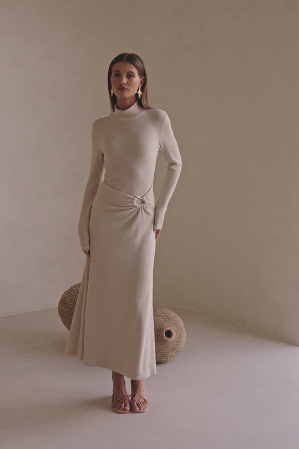 Beige High Neck Long Sleeve Fitted Maxi Simone Dress