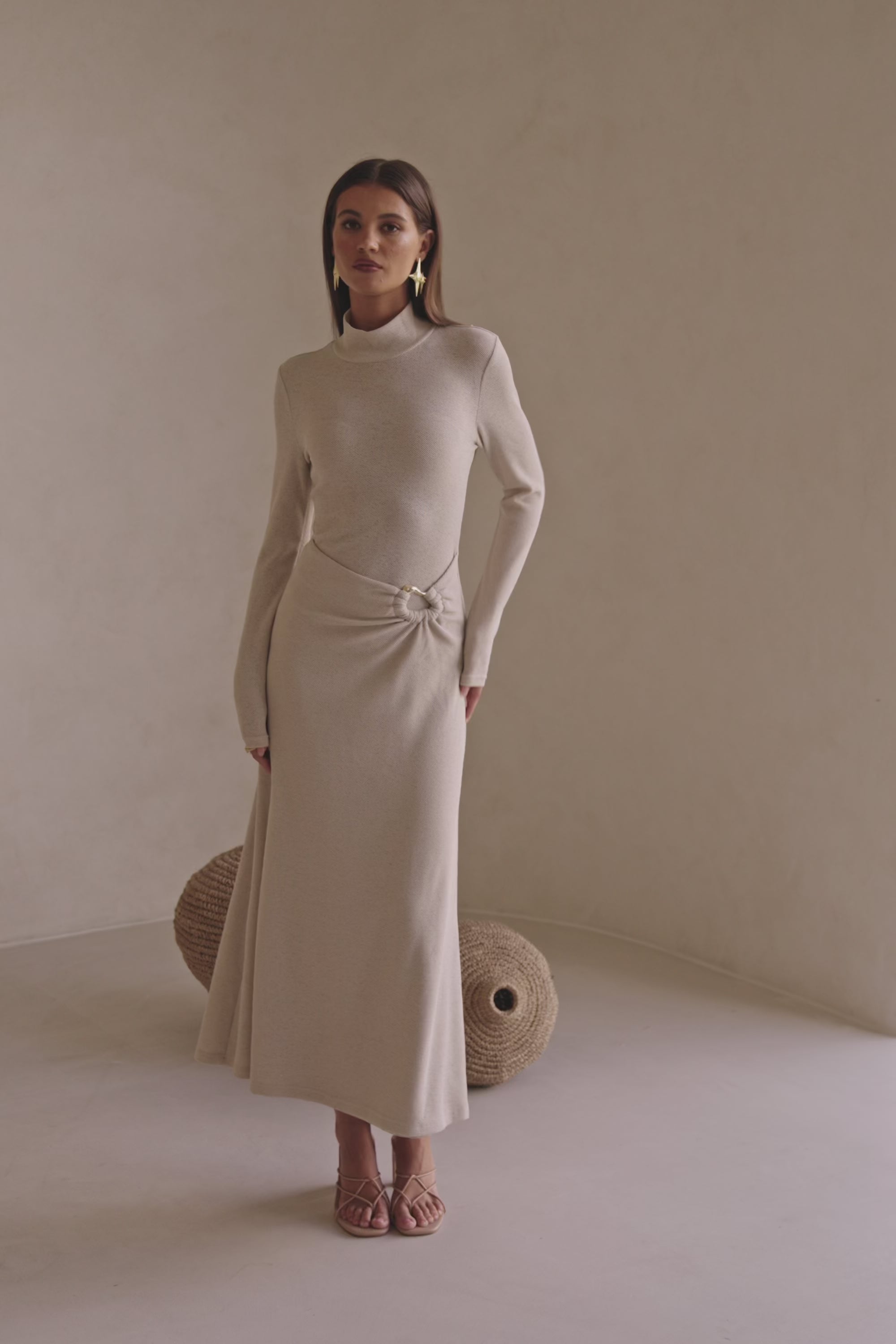 Beige High Neck Long Sleeve Fitted Maxi Simone Dress