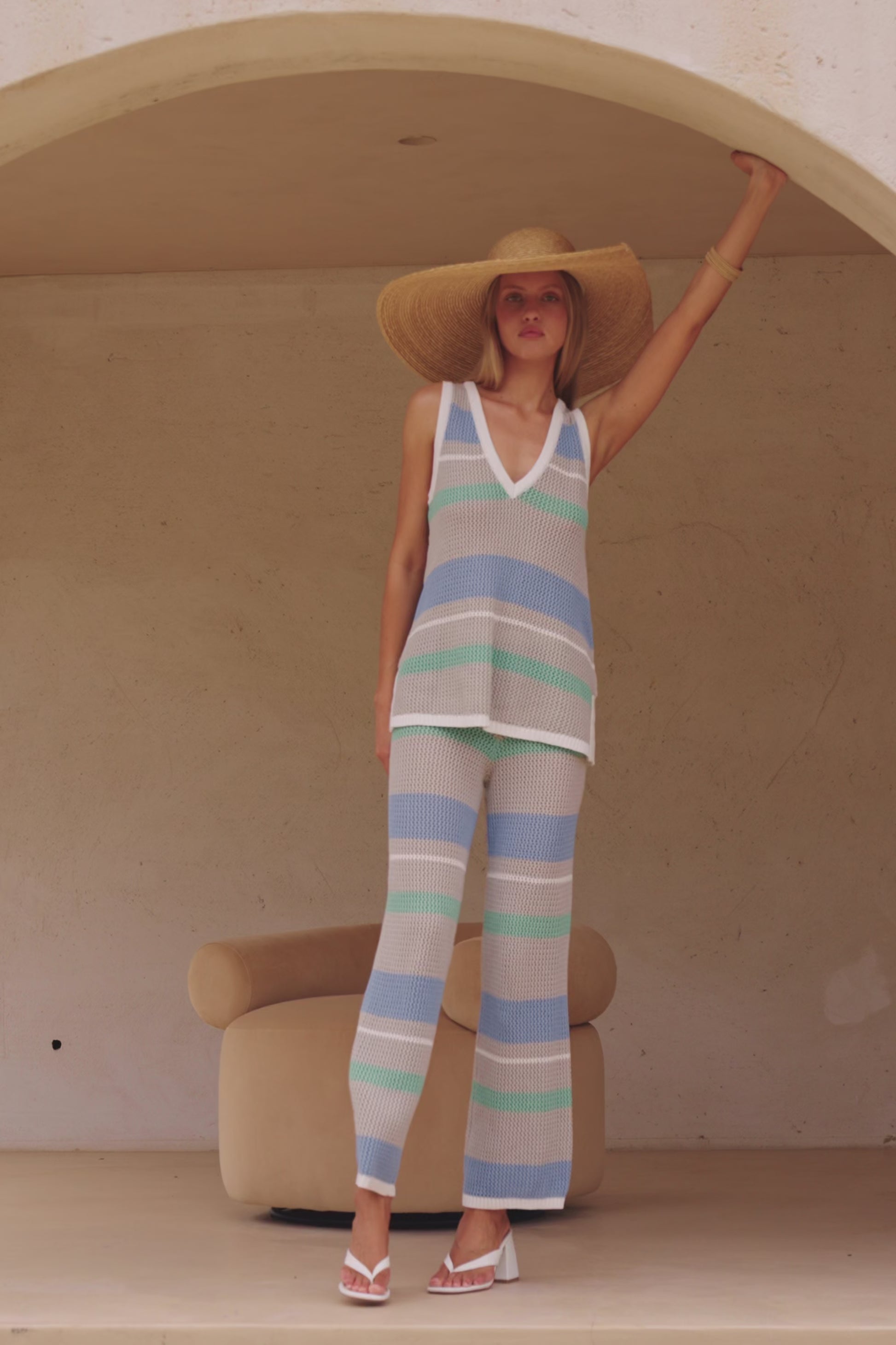 Grey Stripe Knit High Waist Elastic Astea Pants