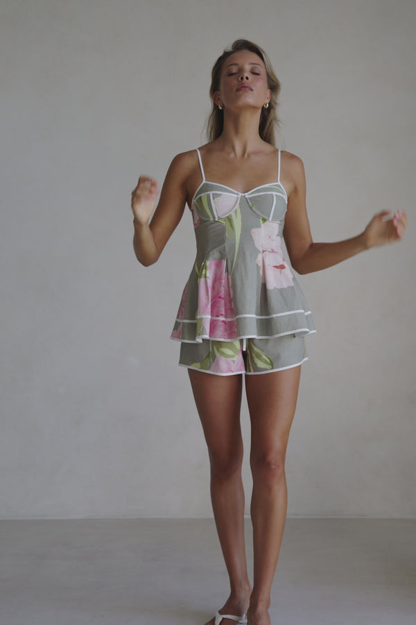 Fiori Green Floral Print Flared Meadow Top