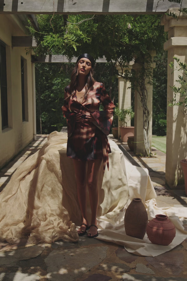 Brown Mirage Bloom Print Satin Mini Wrap Haven Dress