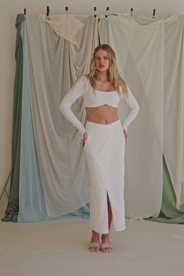 White Crinkle Long Sleeve Conturing Cropped Charlize Top