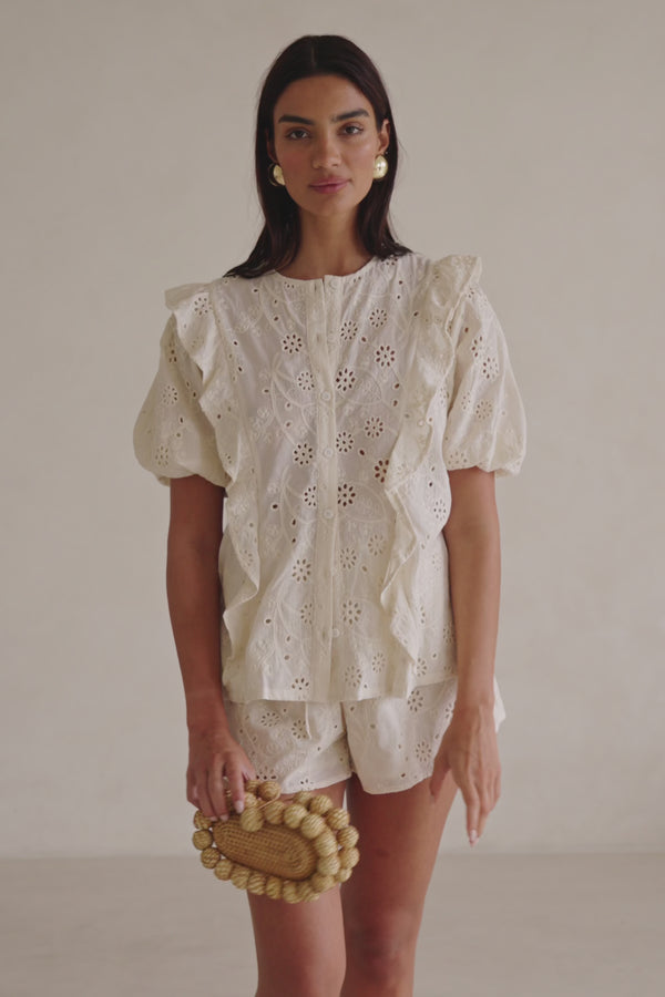 Beige Broderie Ruffle Button Up Wynter Top