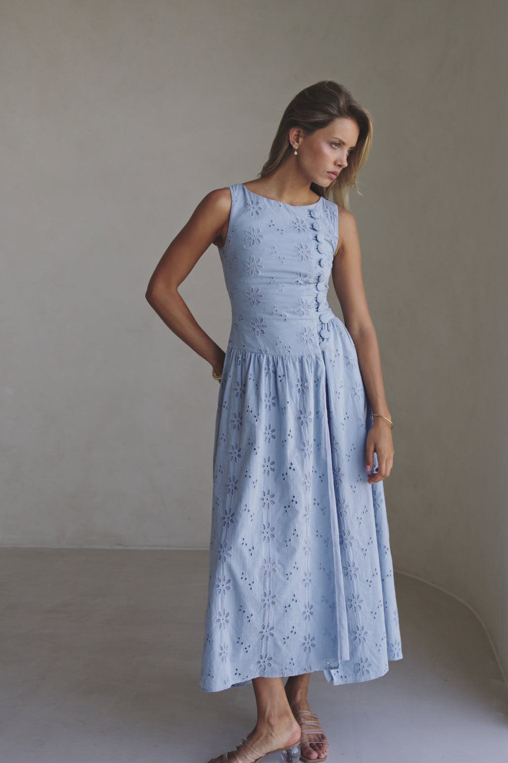 Blue Broderie Button Maxi Odessa Dress