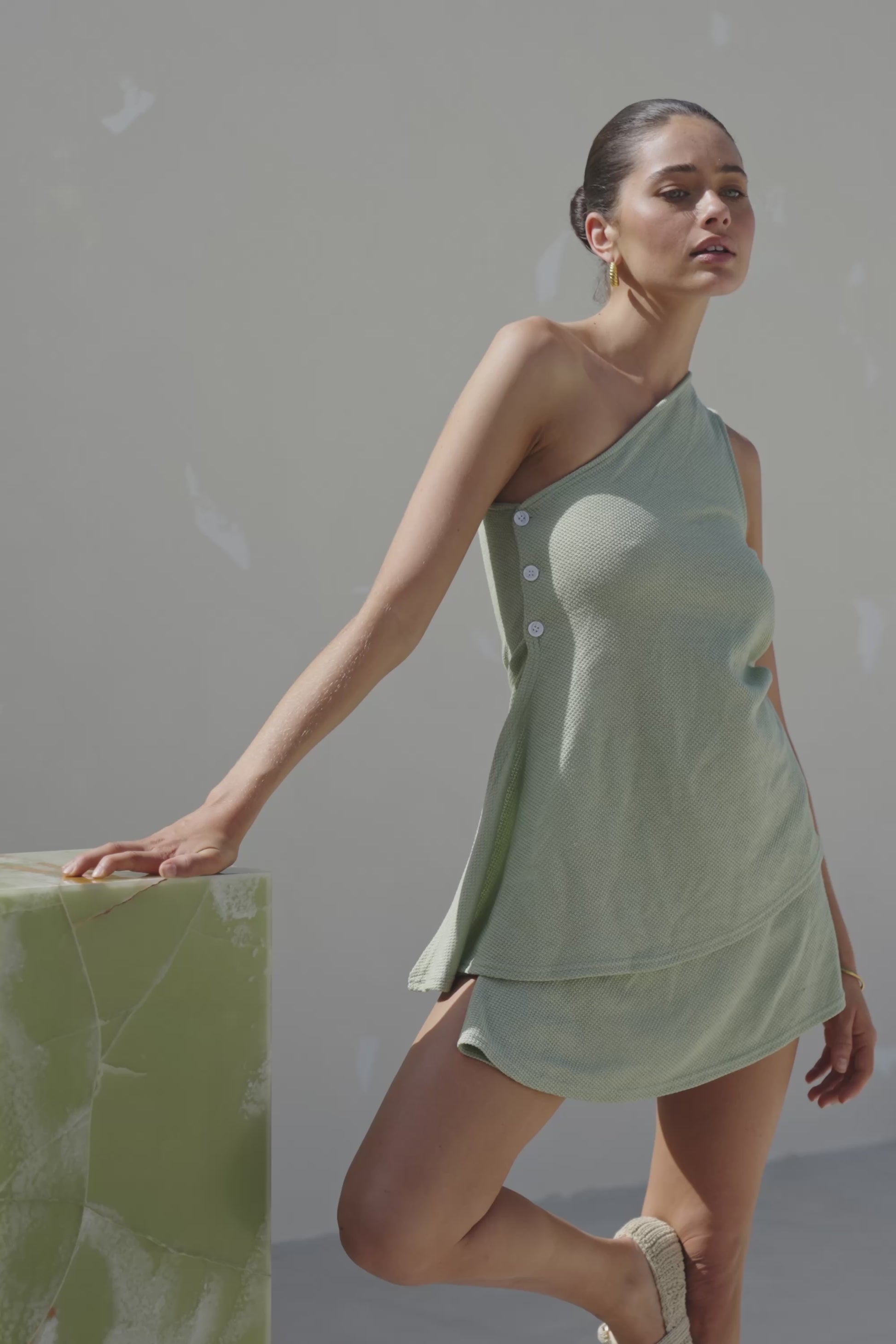 Dion One Shoulder Button Split Top - Green
