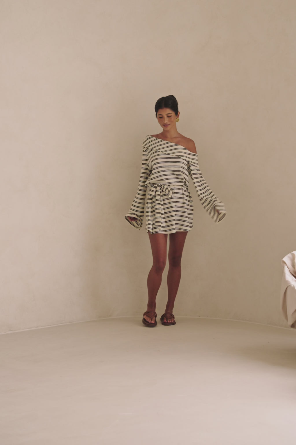 Cabana Off Shoulder Long Sleeve Mini Dress - Cream, Black Stripe