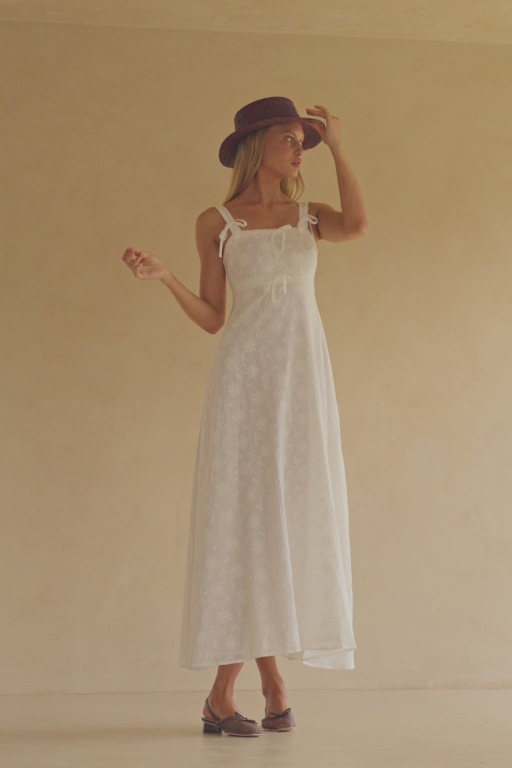 White Embroidered Wide Strap Maxi Evi Dress
