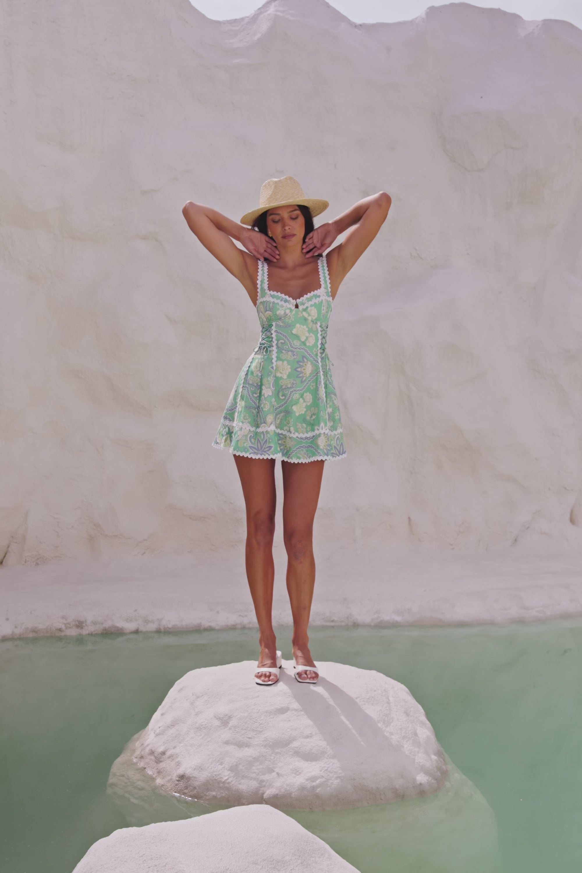 Green Floral Heritage Print Lace Up Mini Emilia Dress