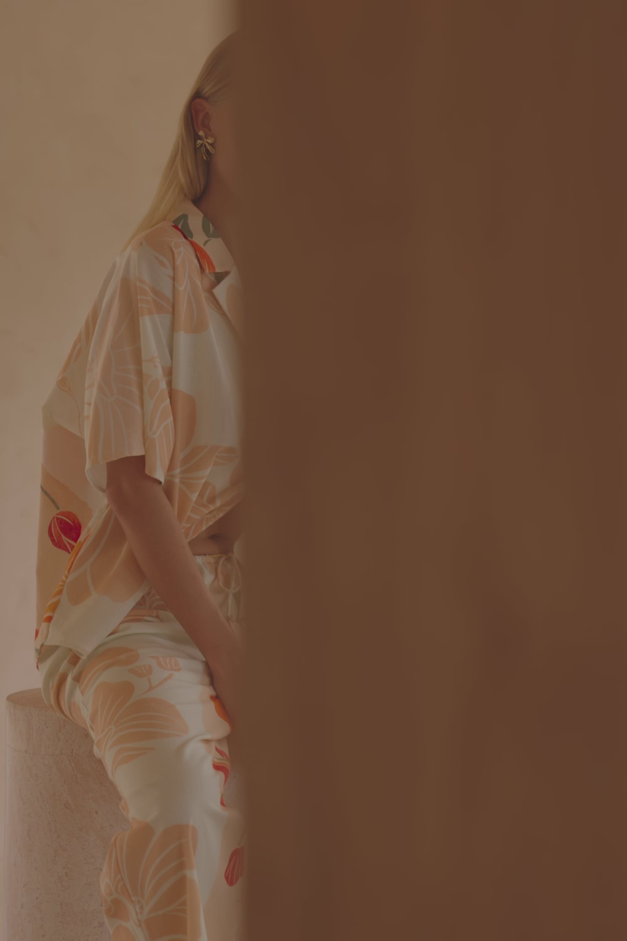Chey Button Up Collared Top - Petal Scarf,  Pink, White, Orange