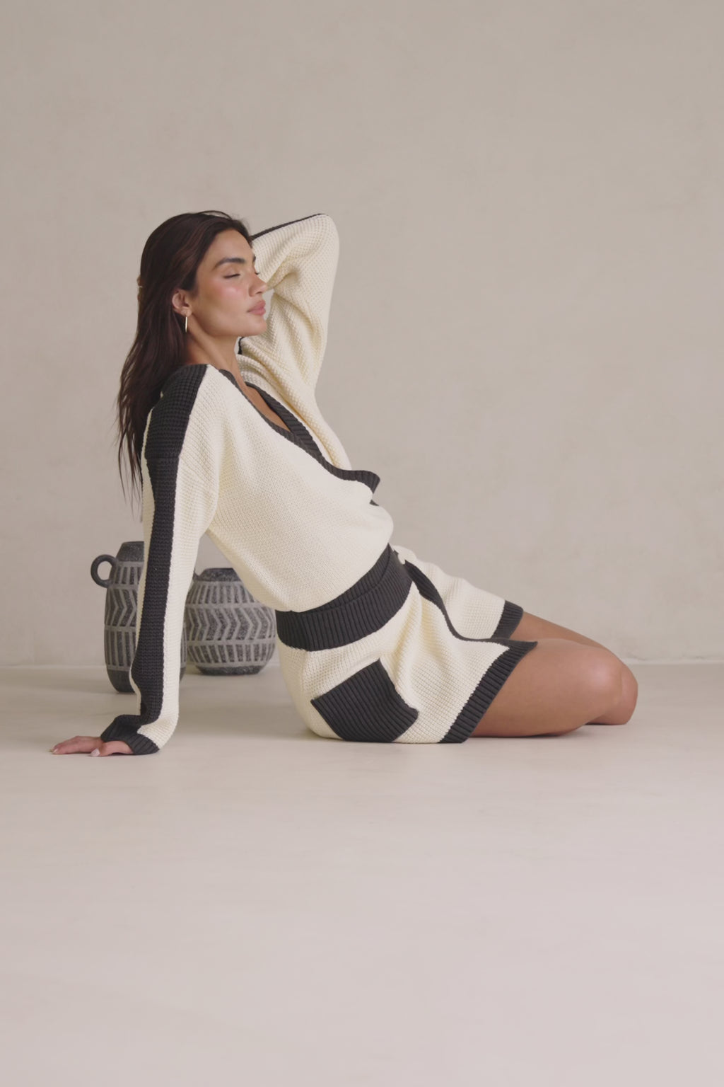 Vander Long Sleeve Mini Knit Dress - Cream, Black