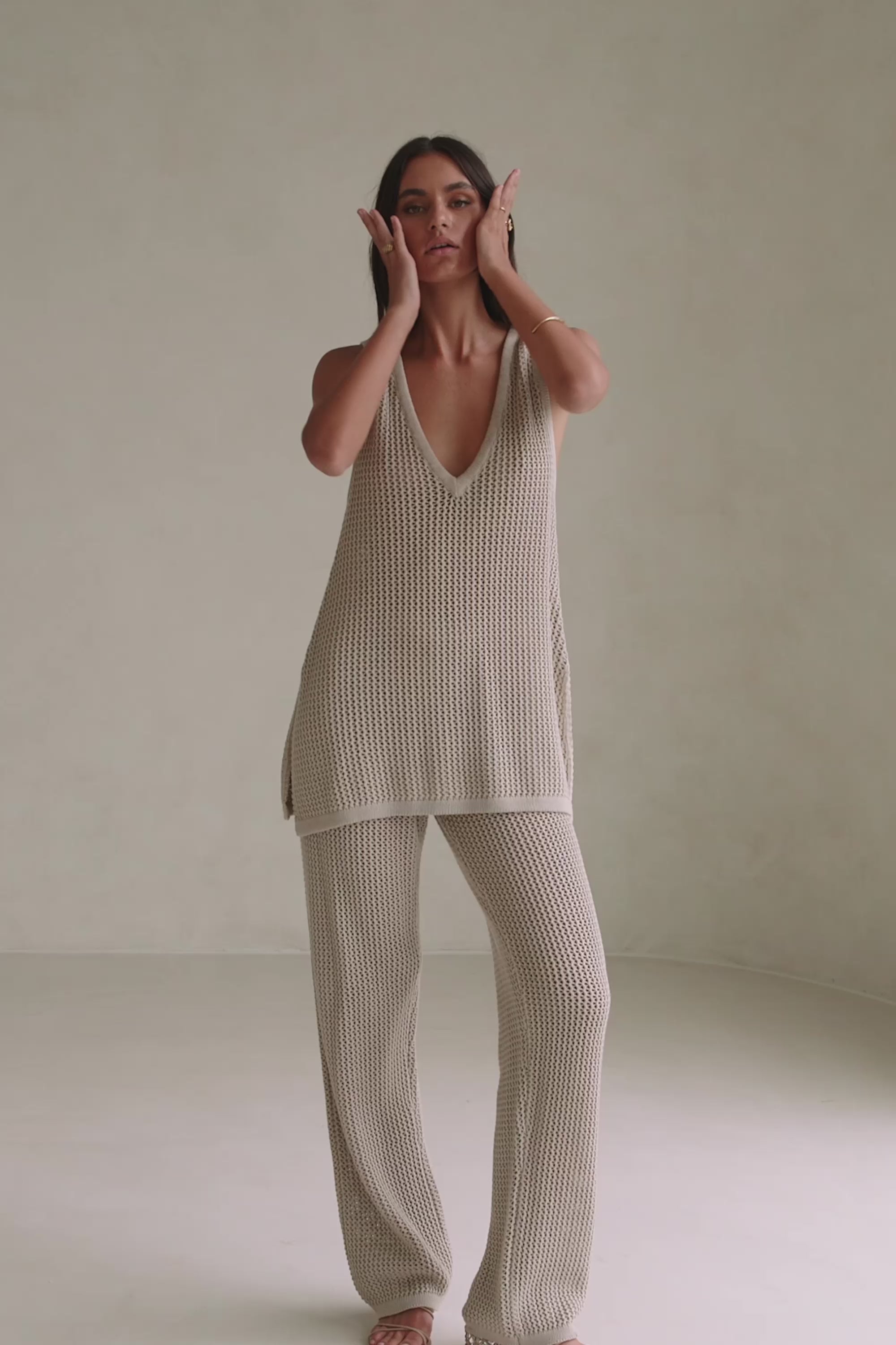 Beige Knit V Neck Ailish Top