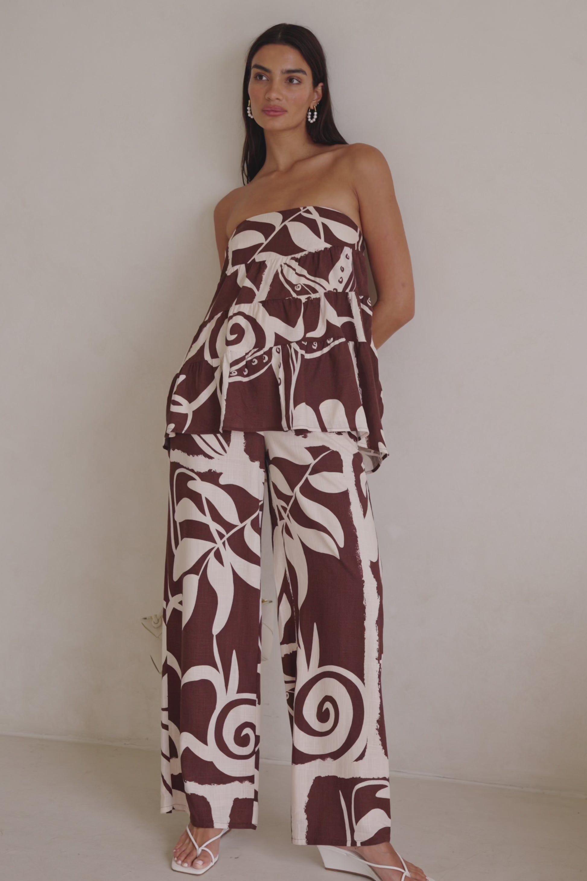 Brown and Cream Painted Tiles Strapless Presley Top