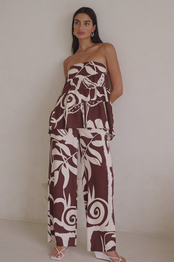 Brown and Cream Painted Tiles Strapless Presley Top