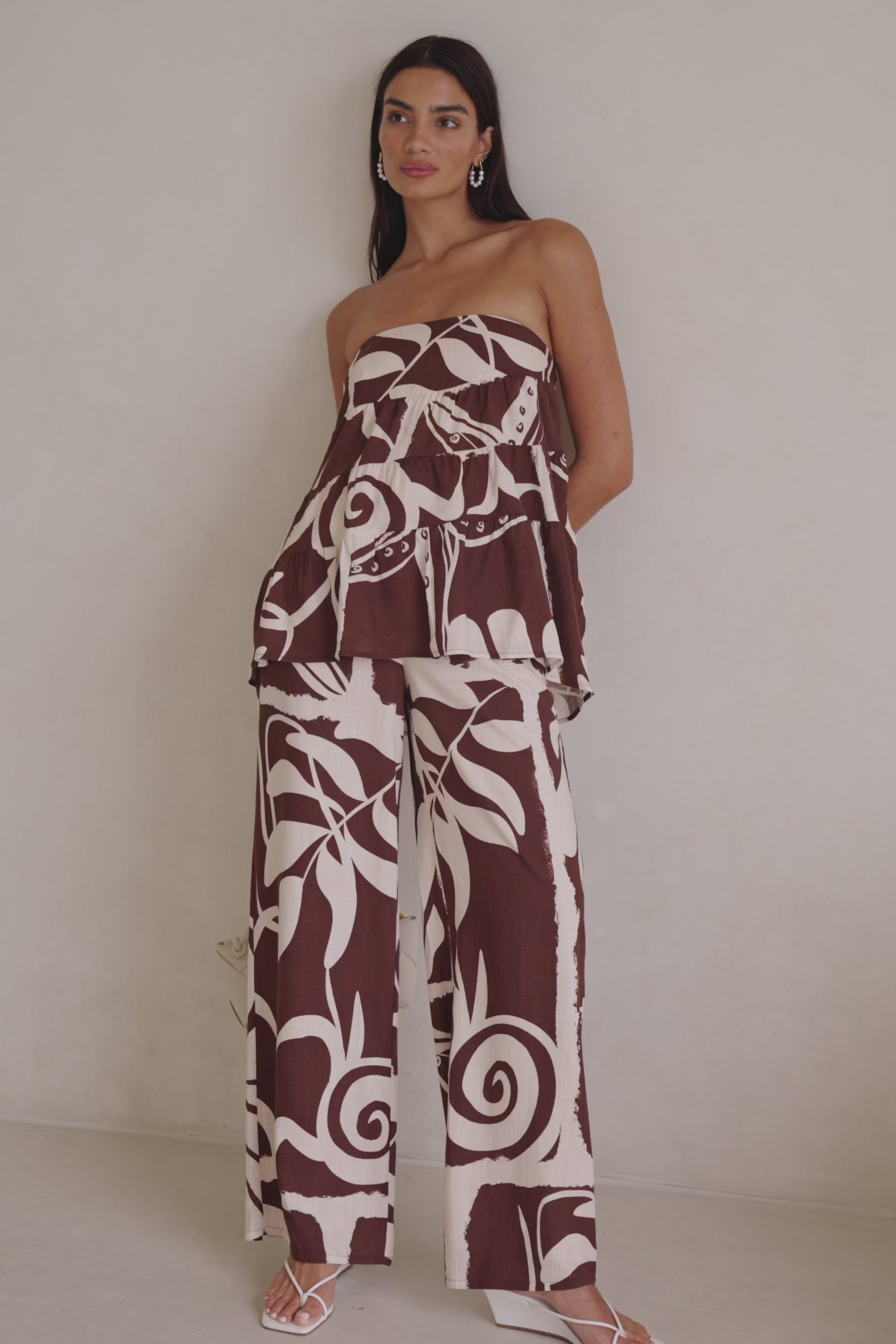 Brown and Cream Painted Tiles Strapless Presley Top