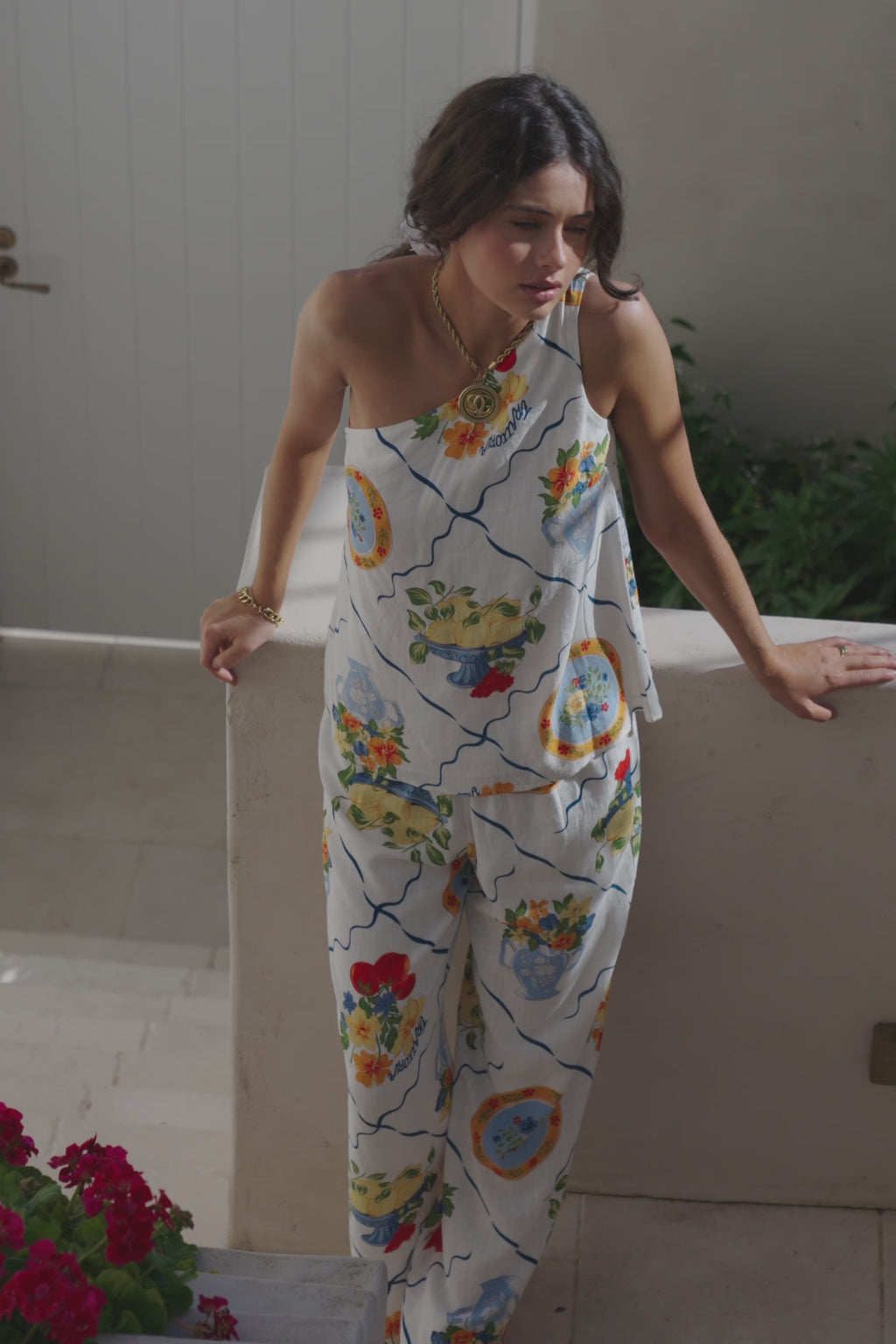 White Trattoria Print One Shoulder Tie Giuliana Top