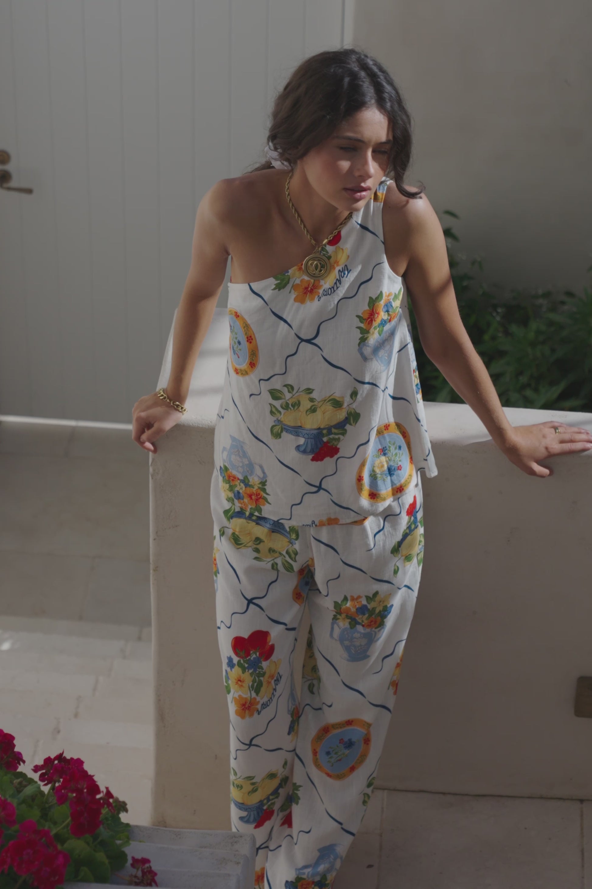 White Trattoria Print One Shoulder Tie Giuliana Top